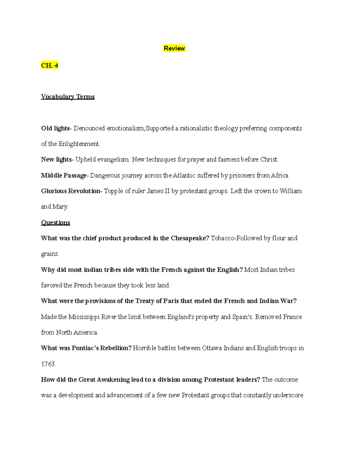 Review Review CH. 4 Vocabulary Terms Old lights Denounced