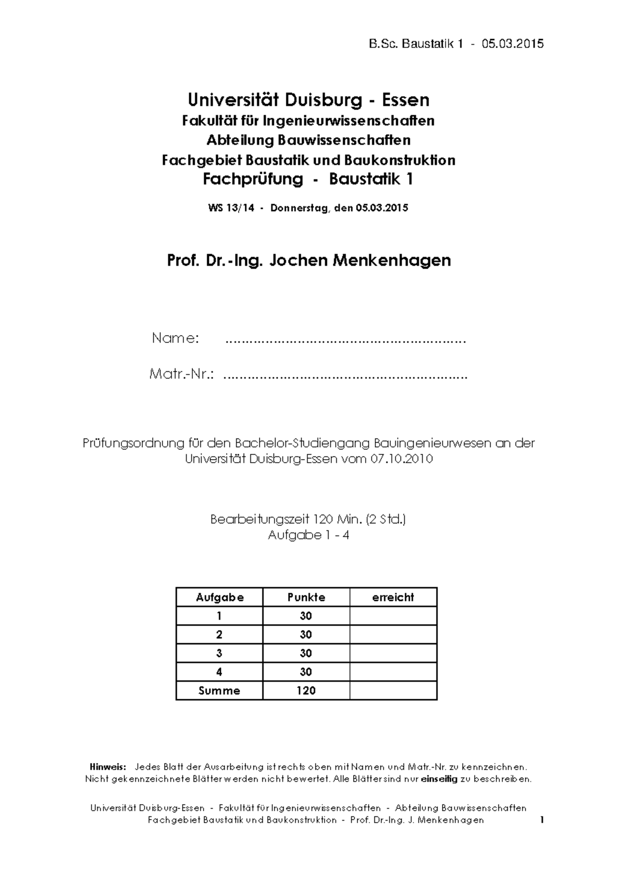 Klausur 5 März, Fragen - B. Baustatik 1 - 05.03 Universität Duisburg ...