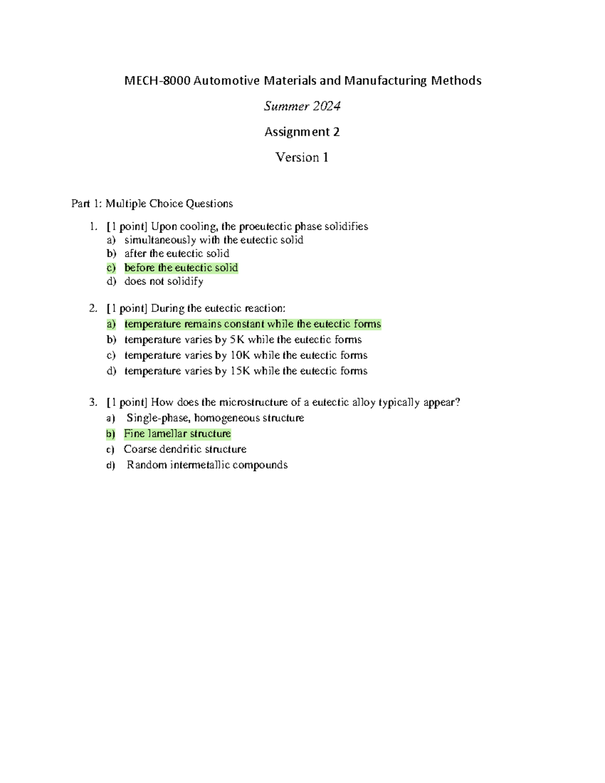 Assignment 2New - materials - MECH- 8000 Automotive Materials and ...