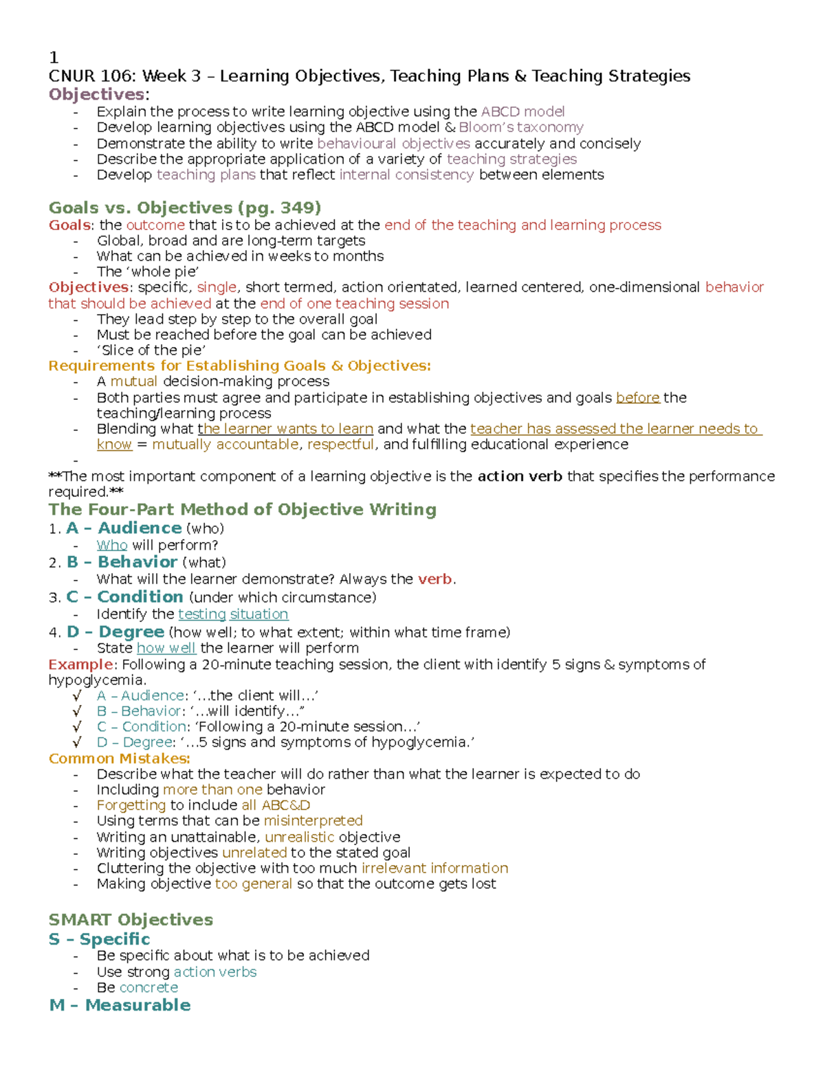 Week Learning Objectives Teaching Plans Teaching Strategies Lecture Notes Cnur Week