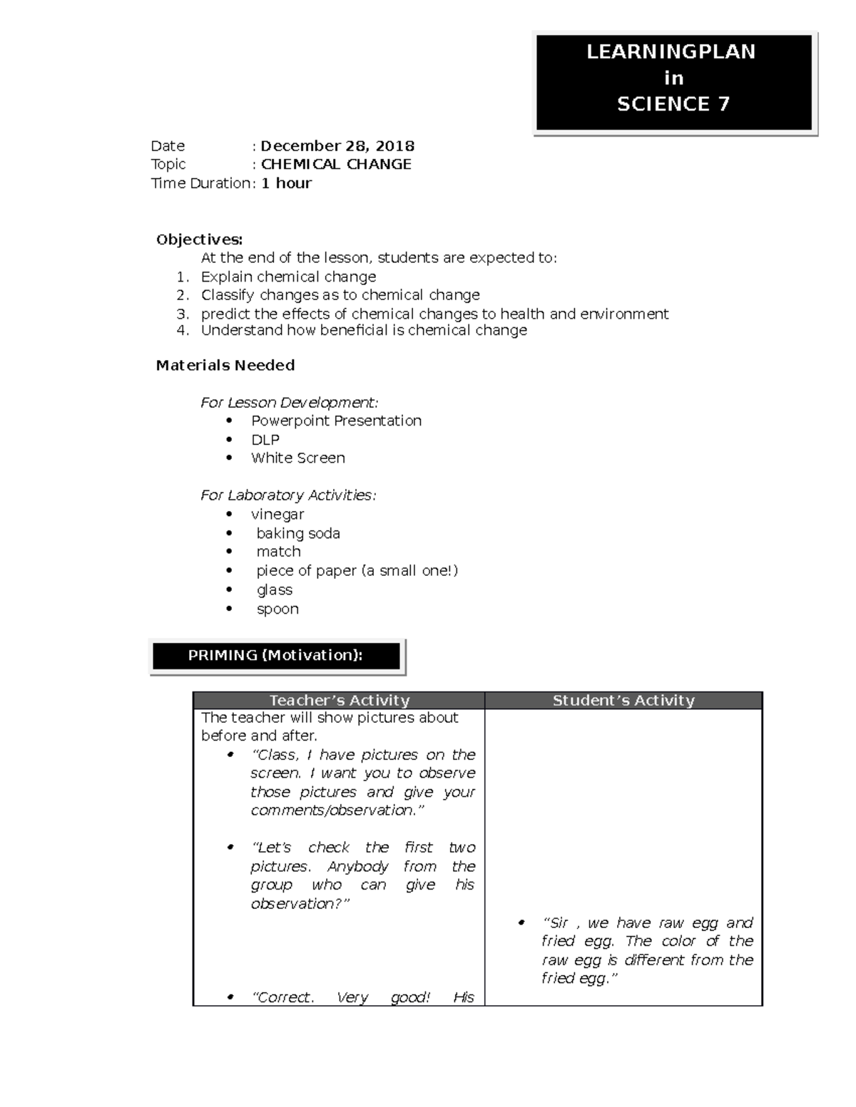 Lesson Plan for demonstration teaching - Date : December 28, 2018 Topic ...