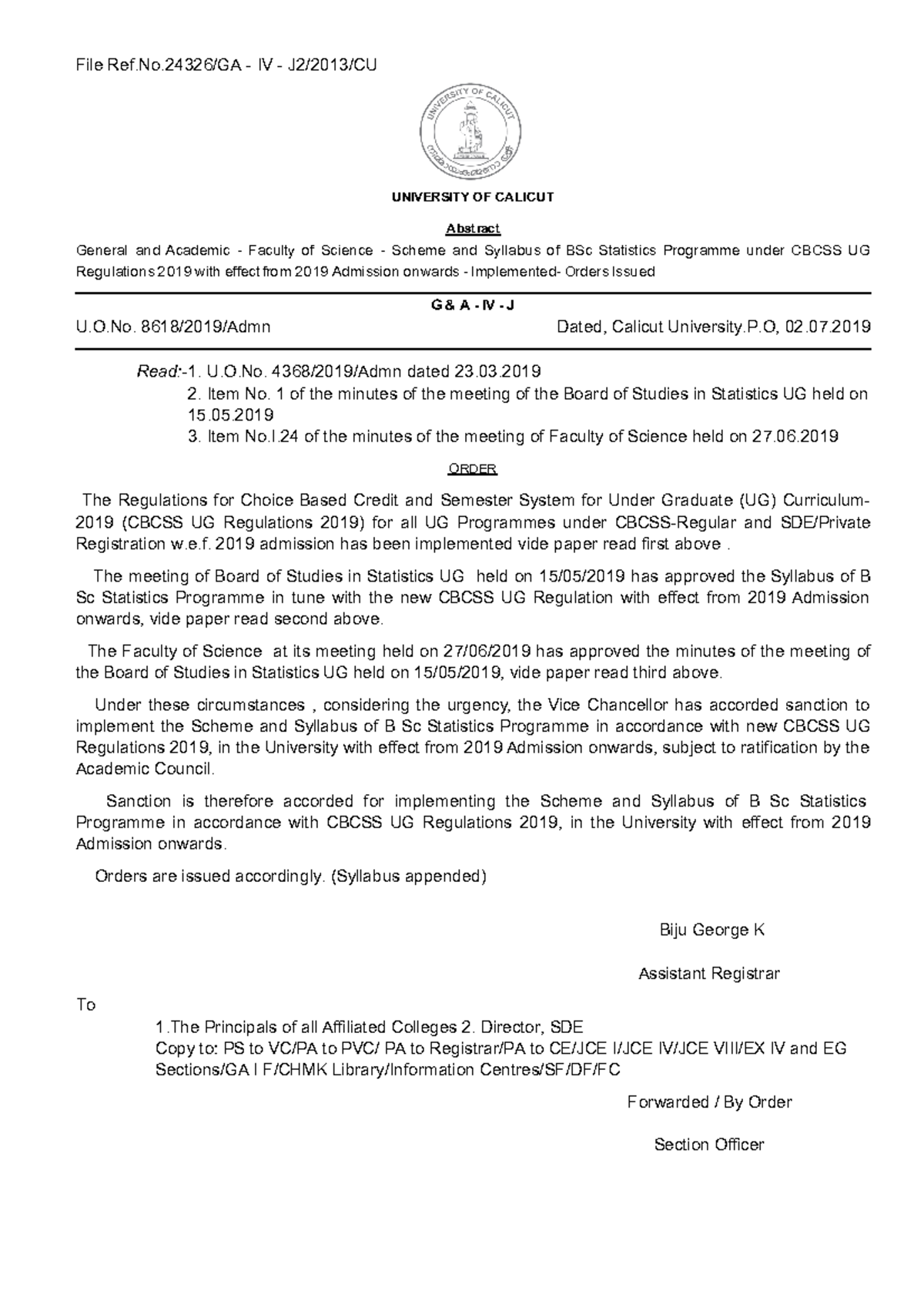 Syllabus Statistics - U.O. 8618/2019/Admn Dated, Calicut University.P ...