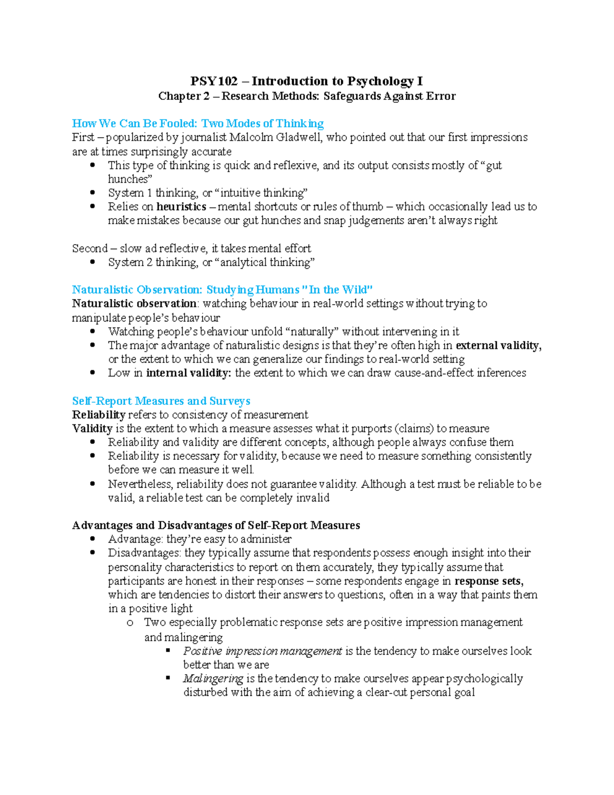 PSY102 chapter 2 - PSY102 – Introduction to Psychology I Chapter 2 ...