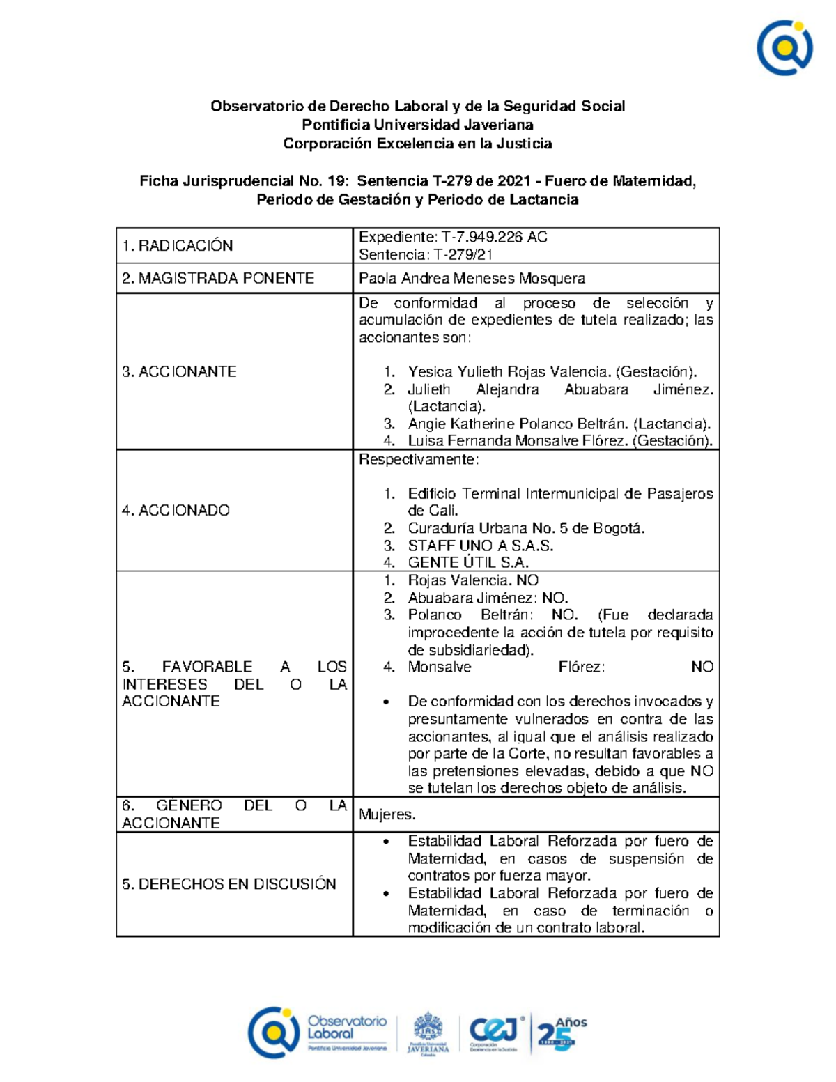 Sentencia T-279-2021 - Observatorio de Derecho Laboral y de la