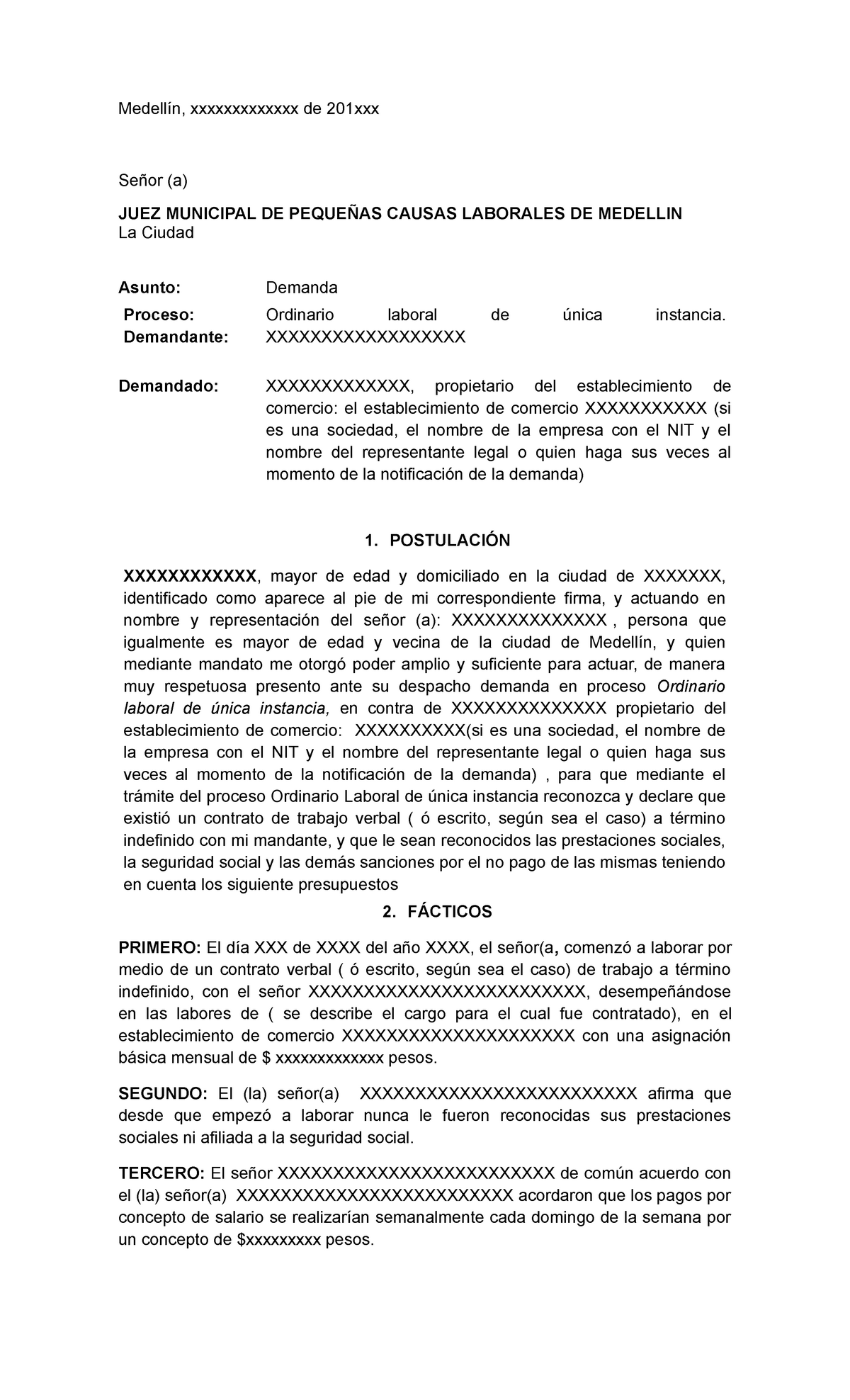 Modelo Demanda Ordinaria Laboral DE Unica Instancia - derecho laboral -  Studocu