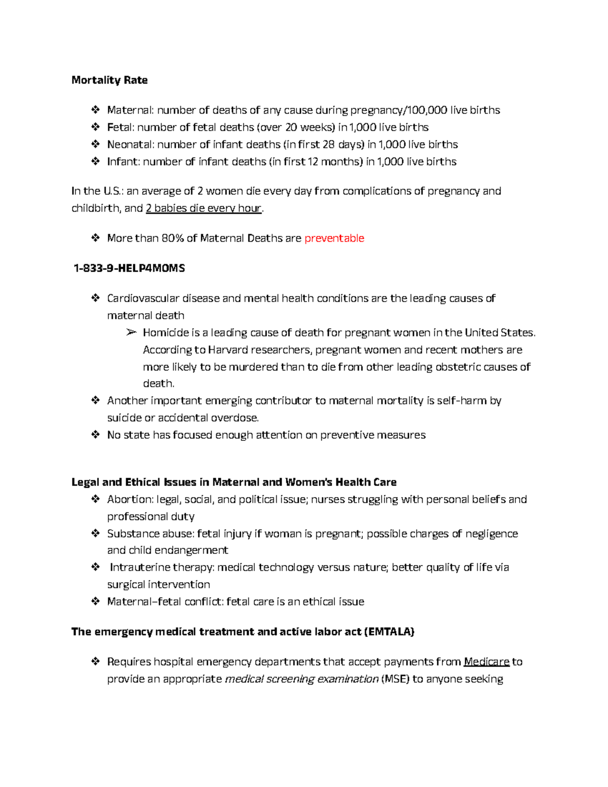 Maternal exam 1 - study guide for exam 1 - Mortality Rate Maternal ...