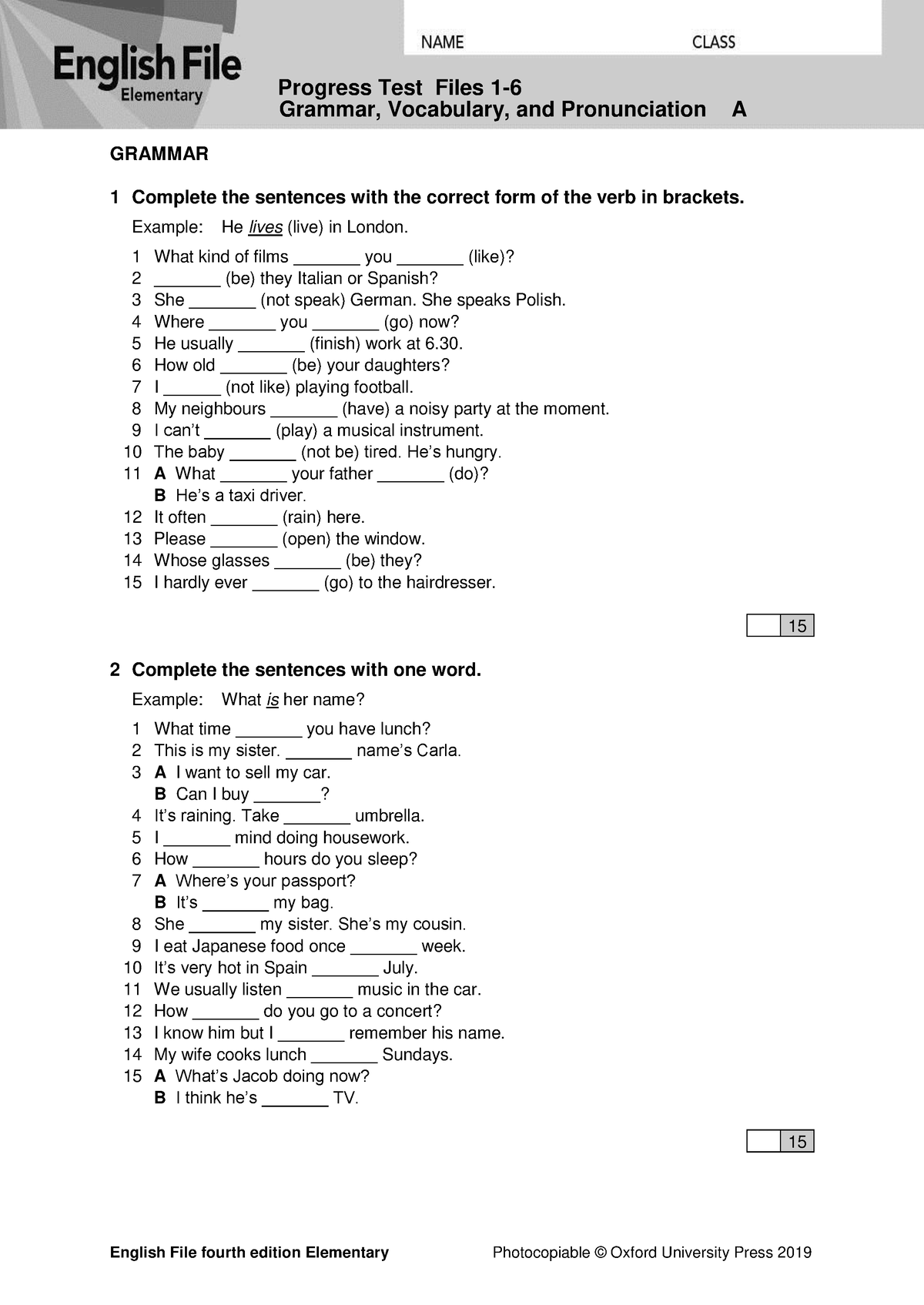 EF4e Elem Progtest 1 6a - Test - Grammar, Vocabulary, And Pronunciation ...