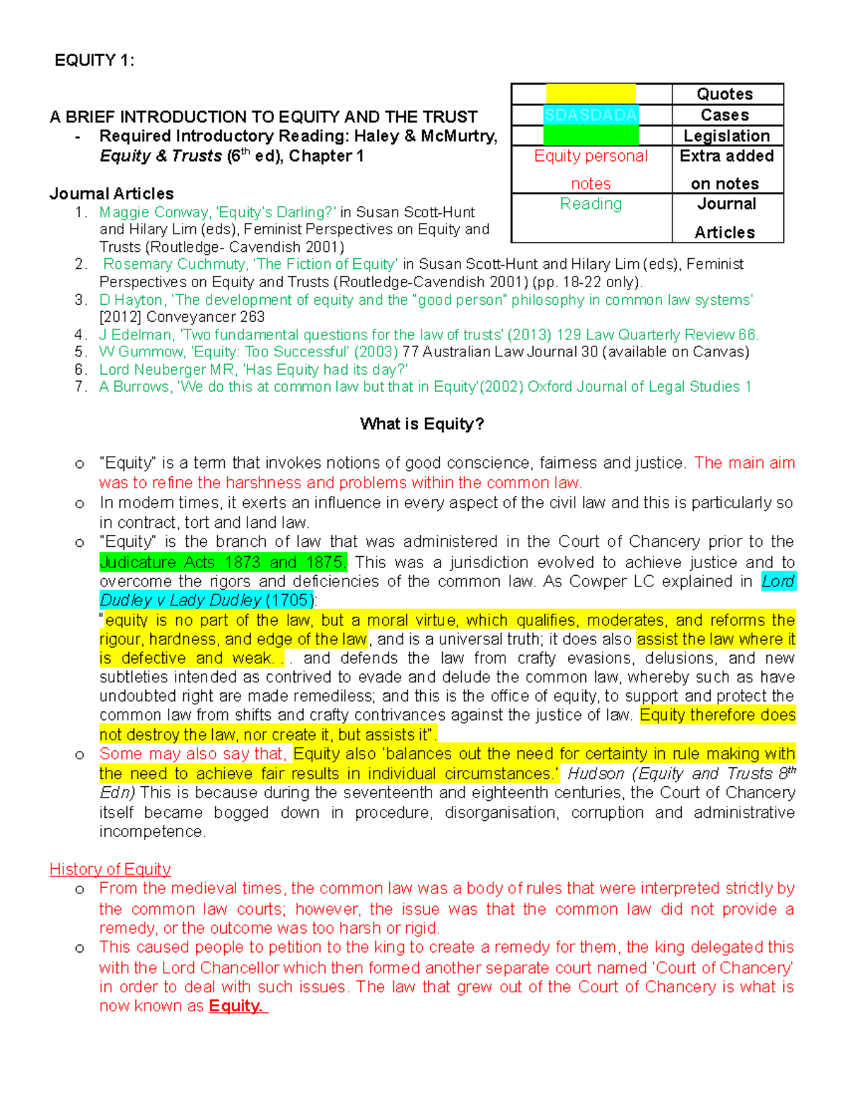 Topic 1 Handout Introduction To Equity And The Trust - EQUITY 1: A ...