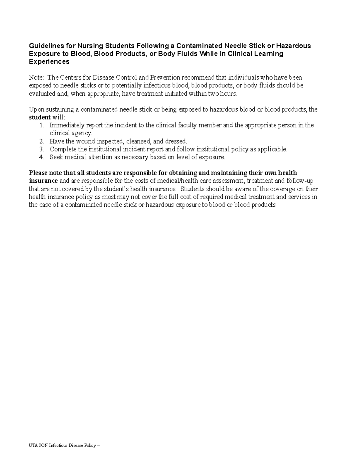 Needle Stick Guidelines for Students Guidelines for Nursing Students Following a Contaminated