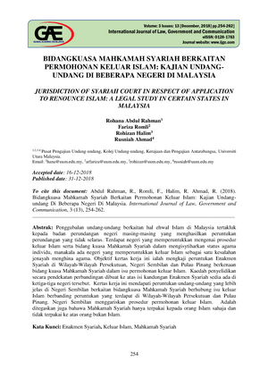 Jurisdiction OF Syariah Court IN Respect OF Application TO 