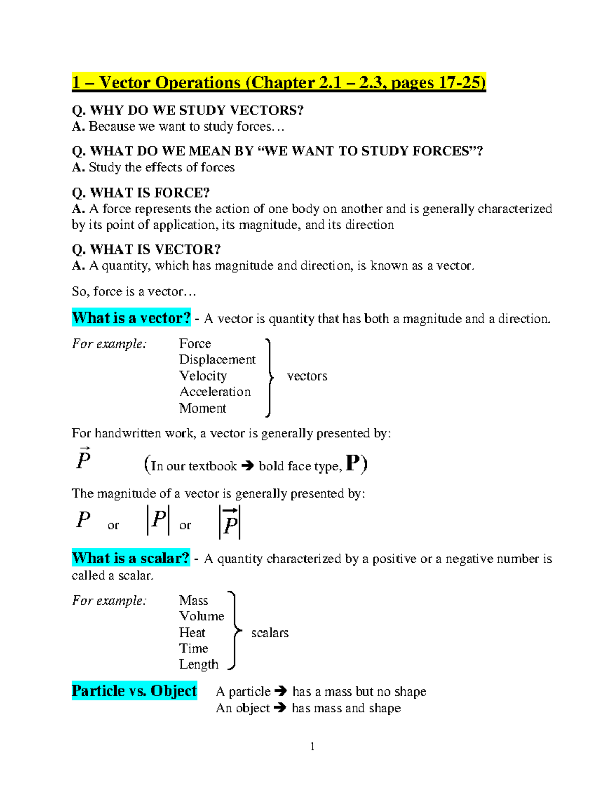 01-Vector Operations - Practice Materials all Professors. - 1 – Vector ...