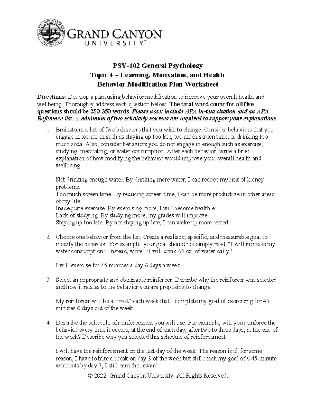 PSY 102 RS T4 Behavior Modification Plan - PSY-102 General Psychology ...