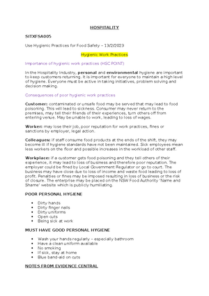 Hospitality notes - Google Docs - Hospitality notes Work Health and ...