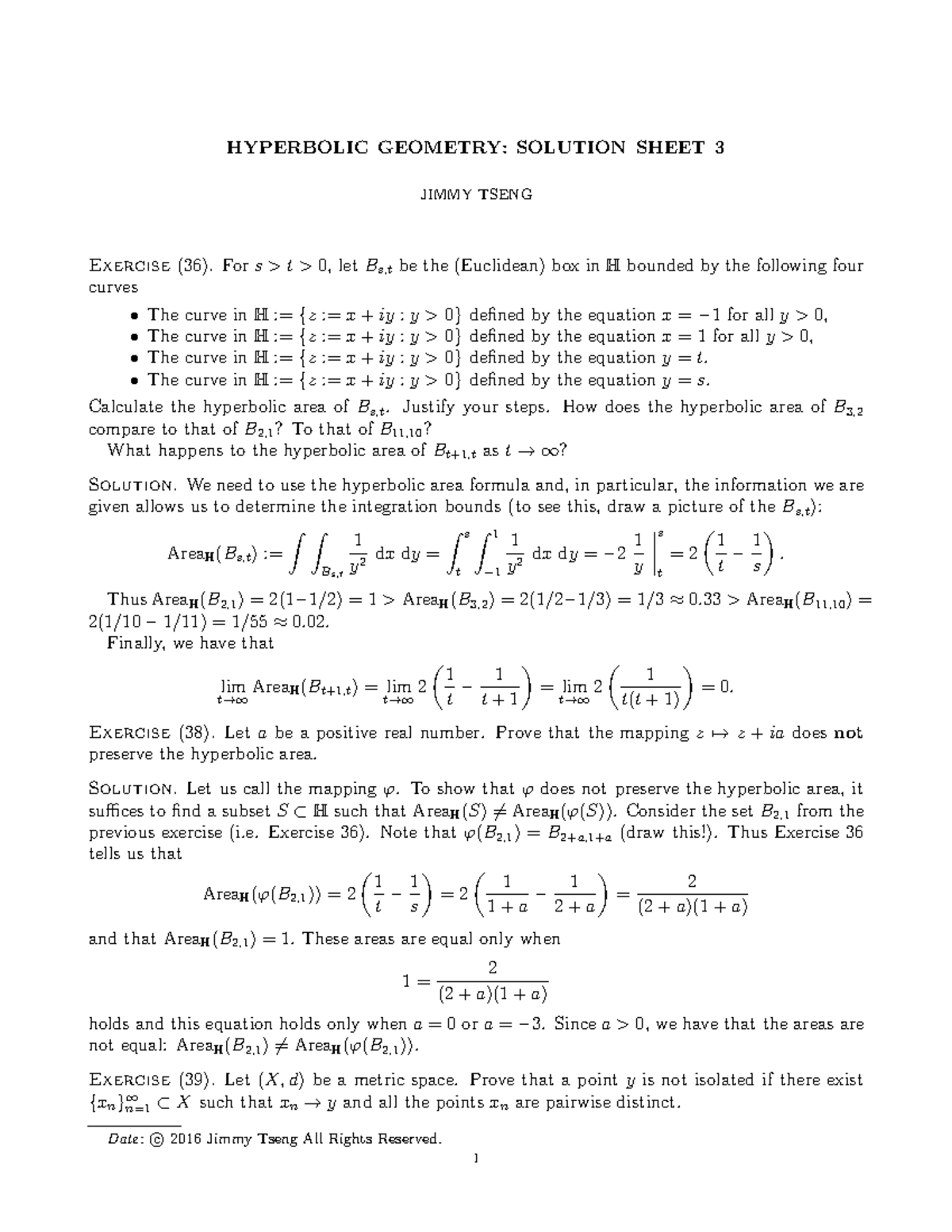 MATHM0008 2016-2017 Hyperbolic Geometry Solution Sheet 3 - HYPERBOLIC ...