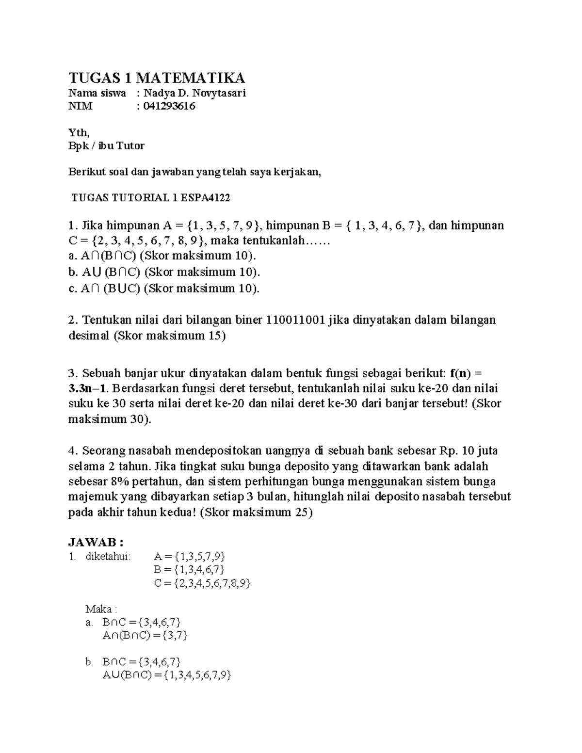 Pdfcoffee - Math - TUGAS 1 MATEMATIKA Nama Siswa : Nadya D. Novytasari ...