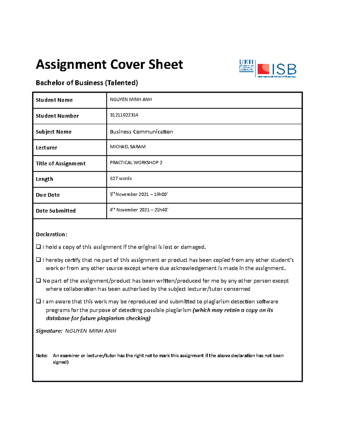 Practical Workshop 2 - Assignment Cover Sheet Bachelor Of Business 