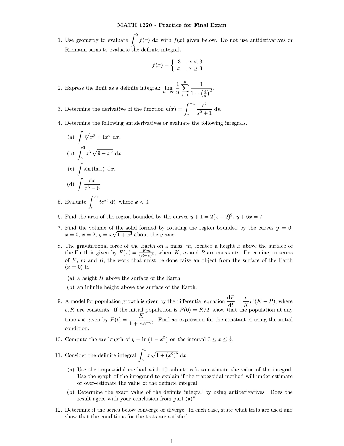 Final August 2018, Questions And Answers - Math 1220 - Practice For 