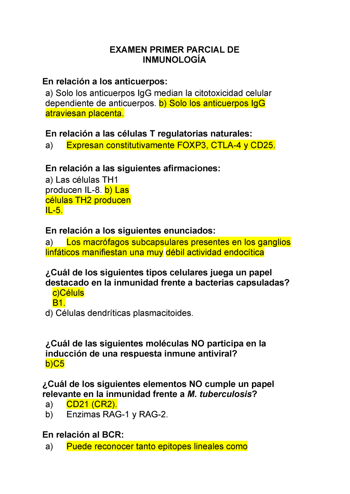 Examen Primer Parcial DE Inmunología - EXAMEN PRIMER PARCIAL DE ...