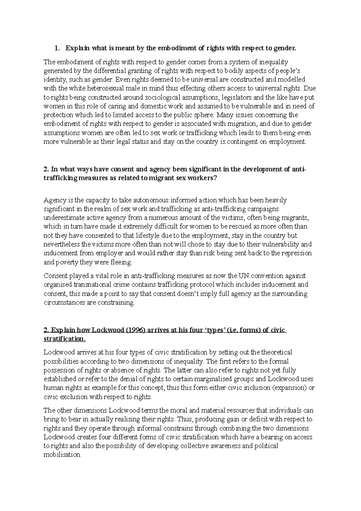 Human rights Lockwood essay 1. Explain what is meant by the