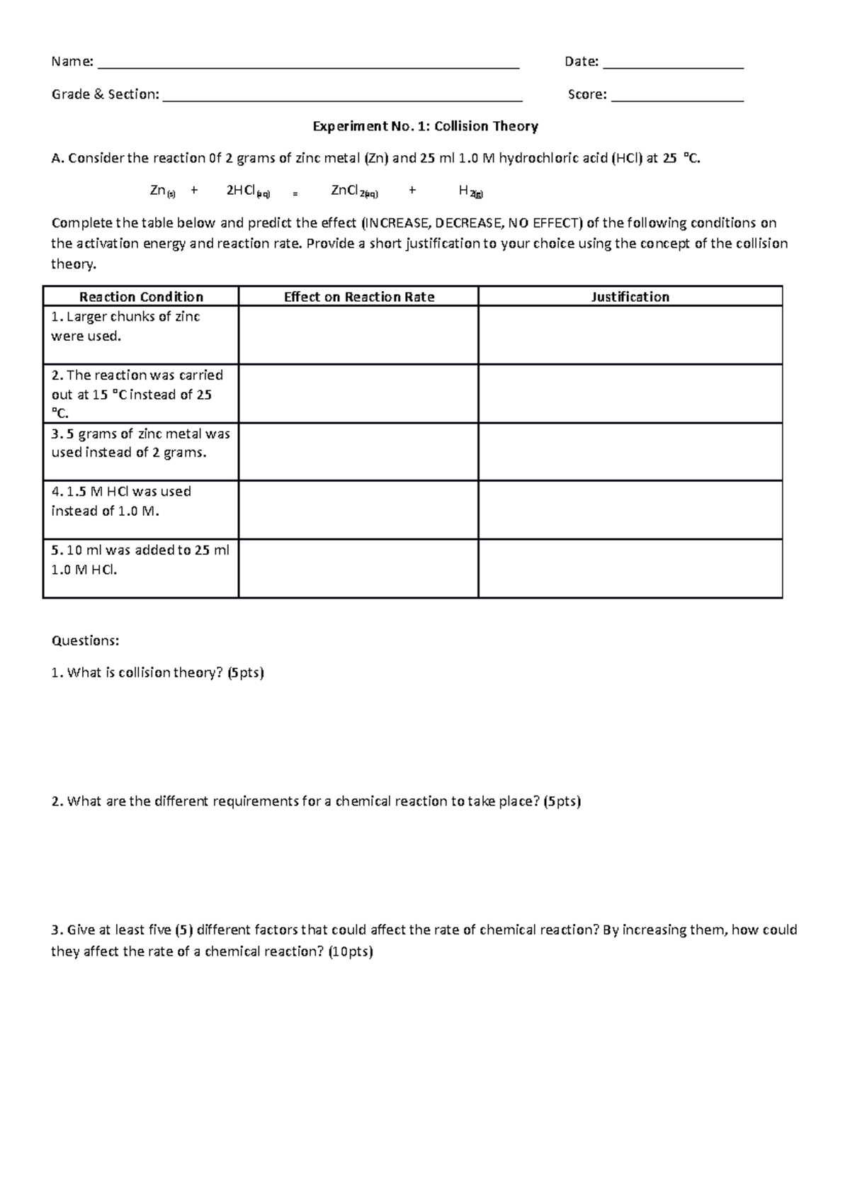 Experiment On Collision Theory - Name