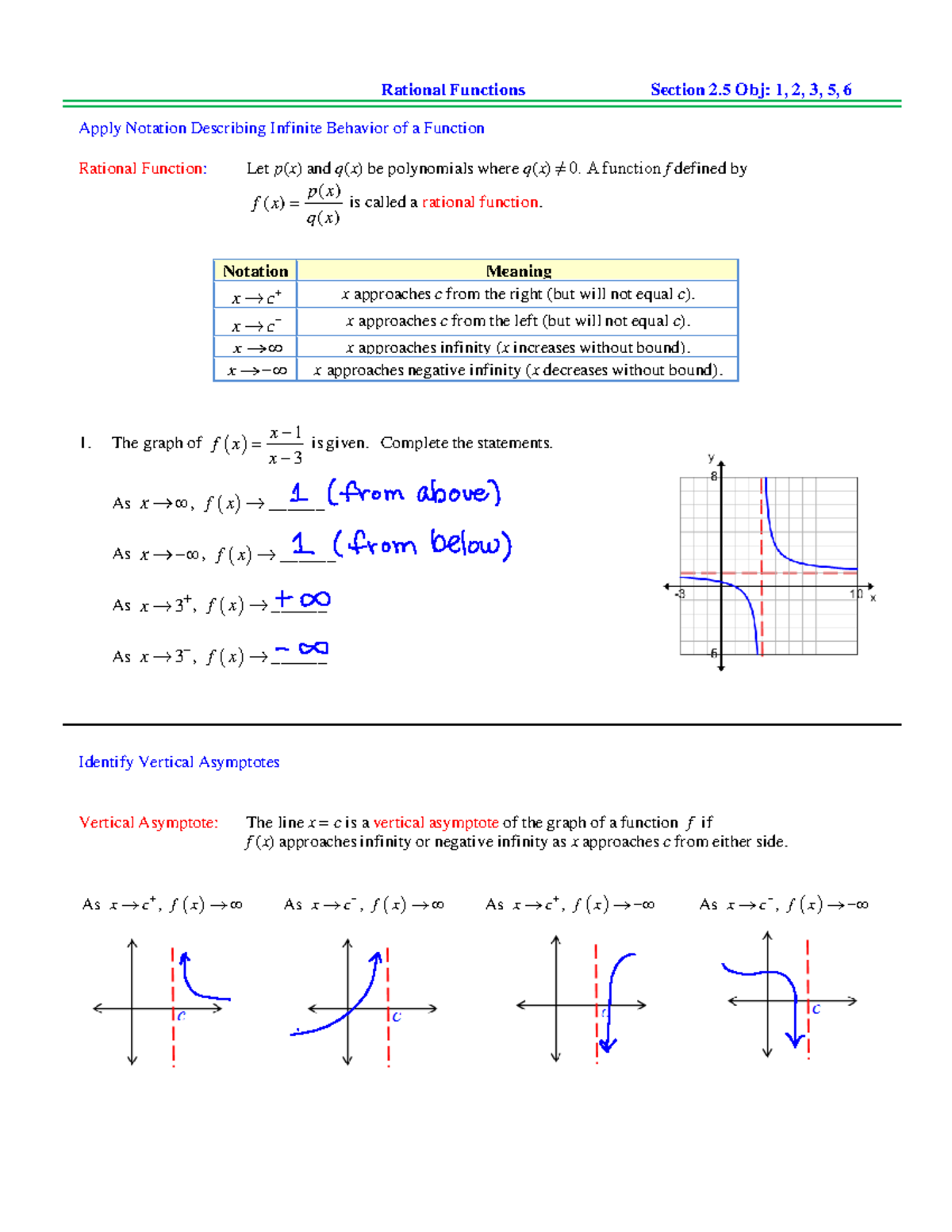 2.5 Solutions Obj 1, 2, 3, 5, 6 - Rational Functions Section 2 Obj: 1 ...