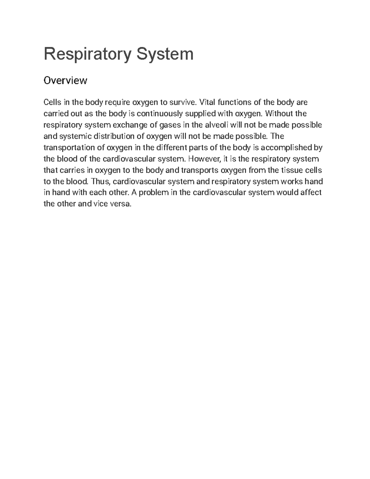 Respiratory System - Respiratory System Overview Cells in the body ...