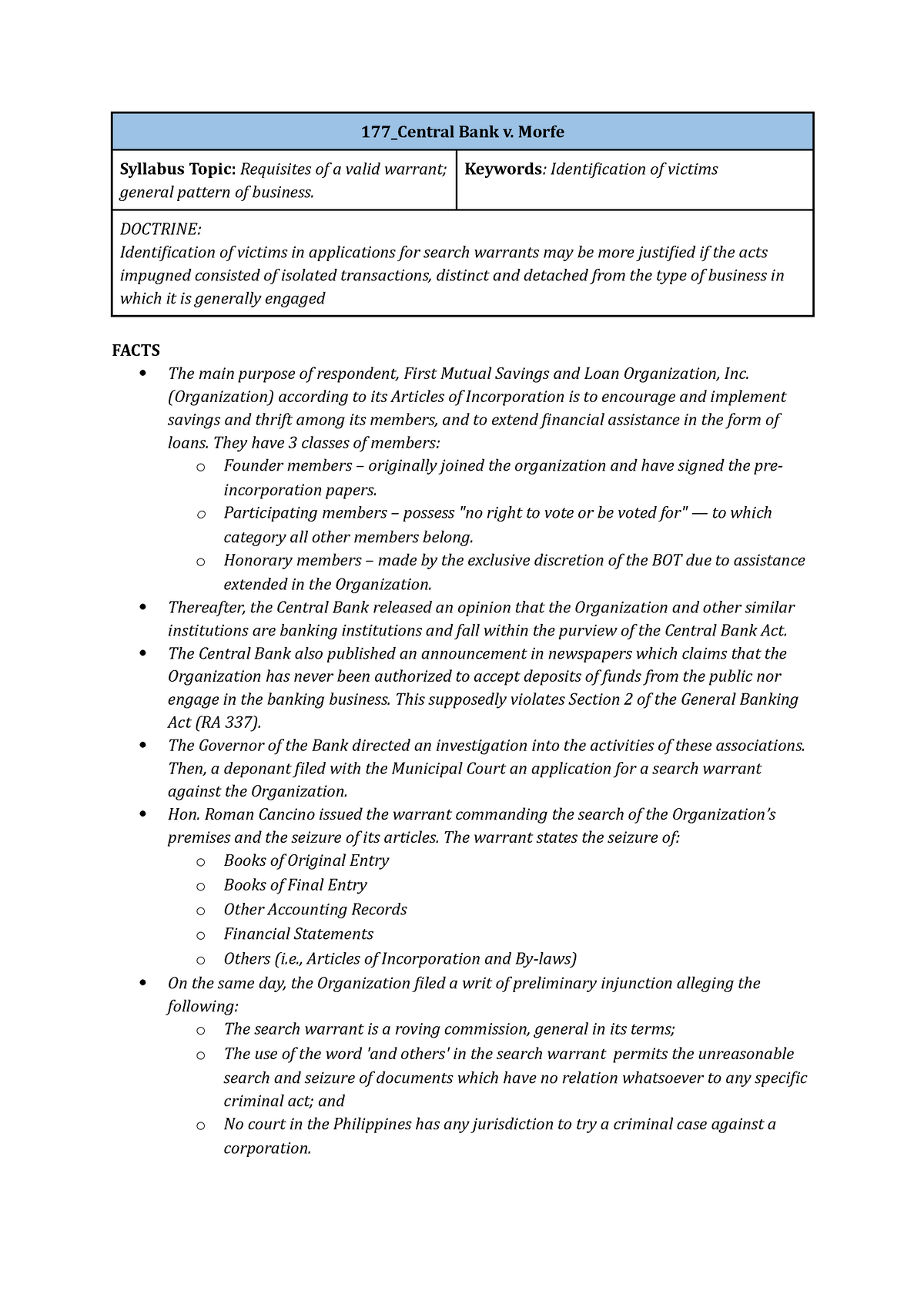 Central Bank v. Morfe Consti II - 177_Central Bank v. Morfe Syllabus ...