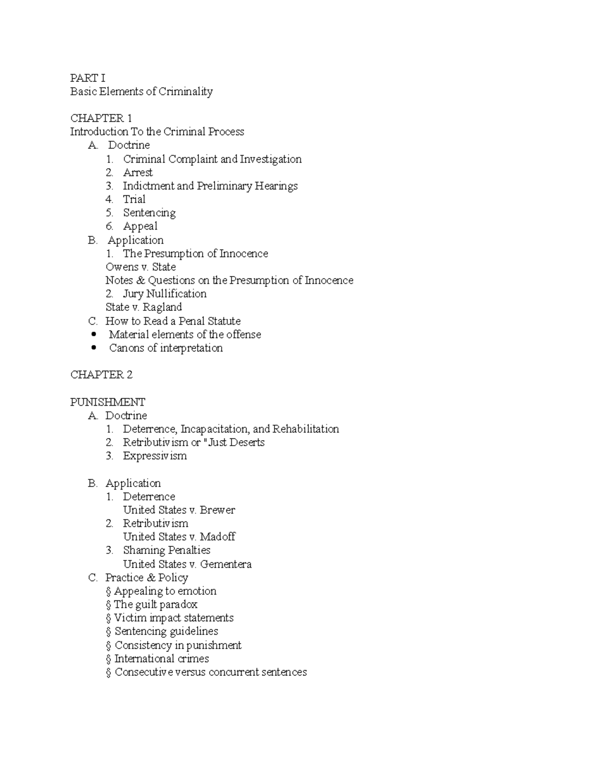 Criminal Law Outline - PART I Basic Elements Of Criminality CHAPTER 1 ...