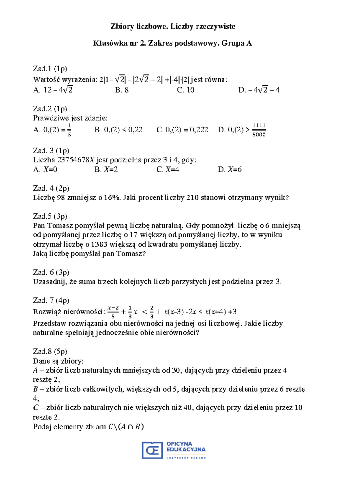 Liczby Rzeczywoste Sprawdzian Liceum Nowa Era 2014 www.studocu.com