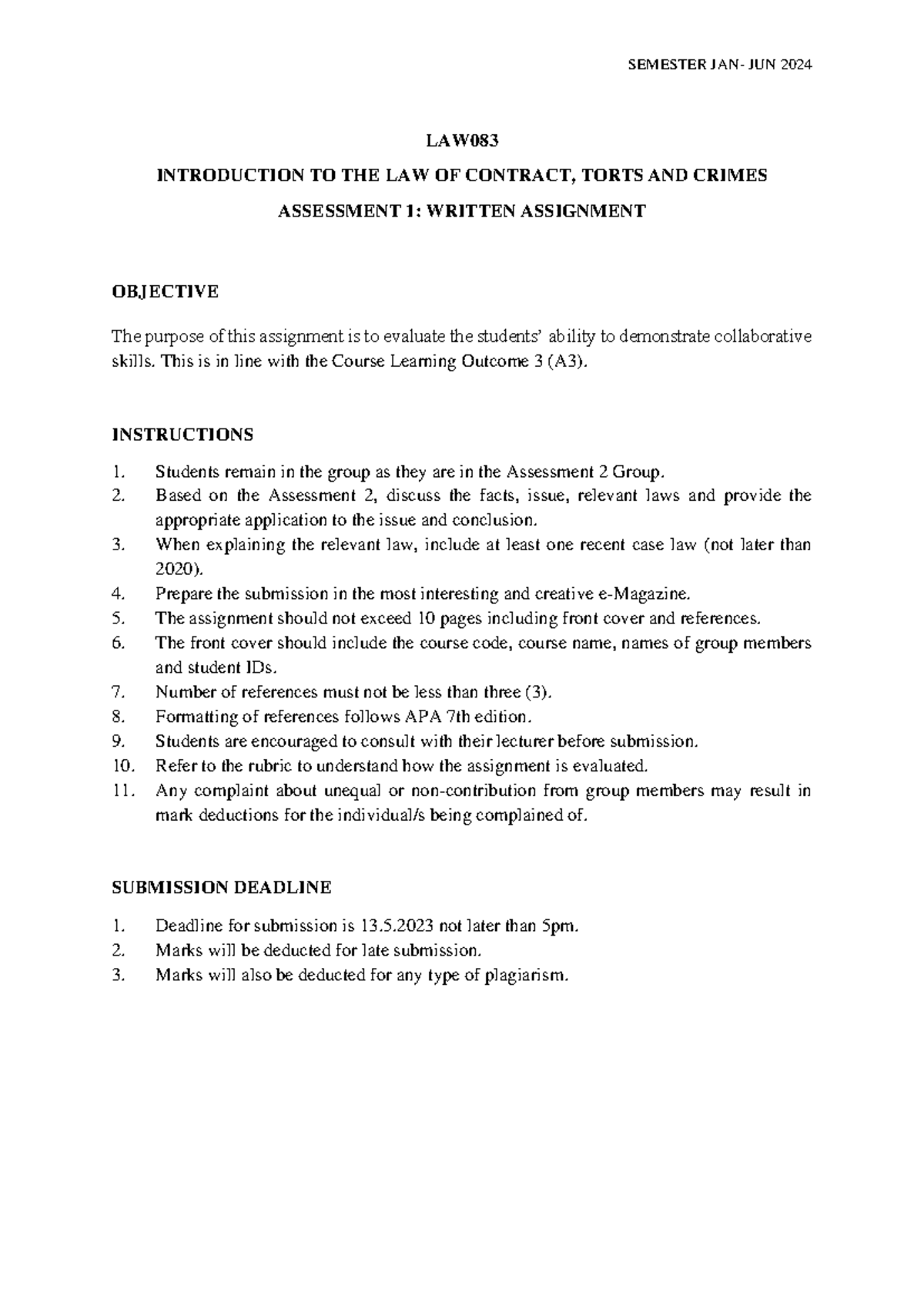 Written Assignment - goodluck - SEMESTER JAN- JUN 2024 LAW INTRODUCTION ...