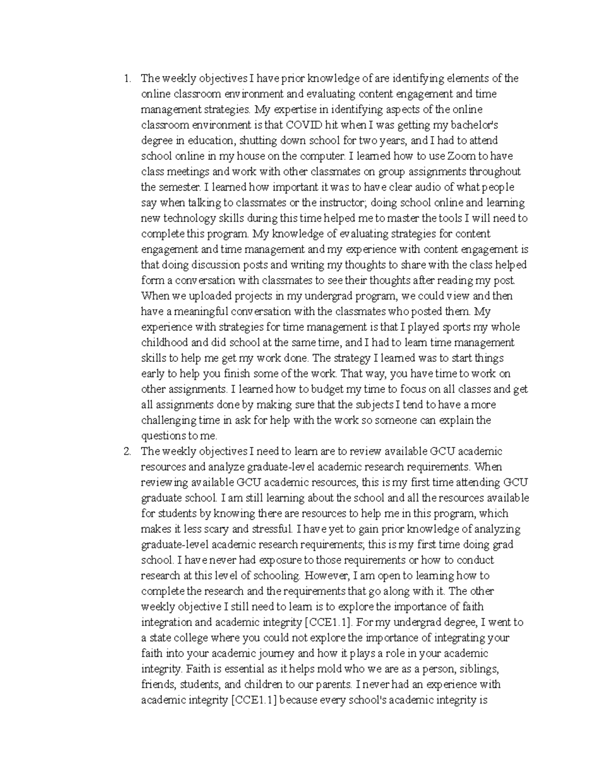 Current course content knowledge - The weekly objectives I have prior ...