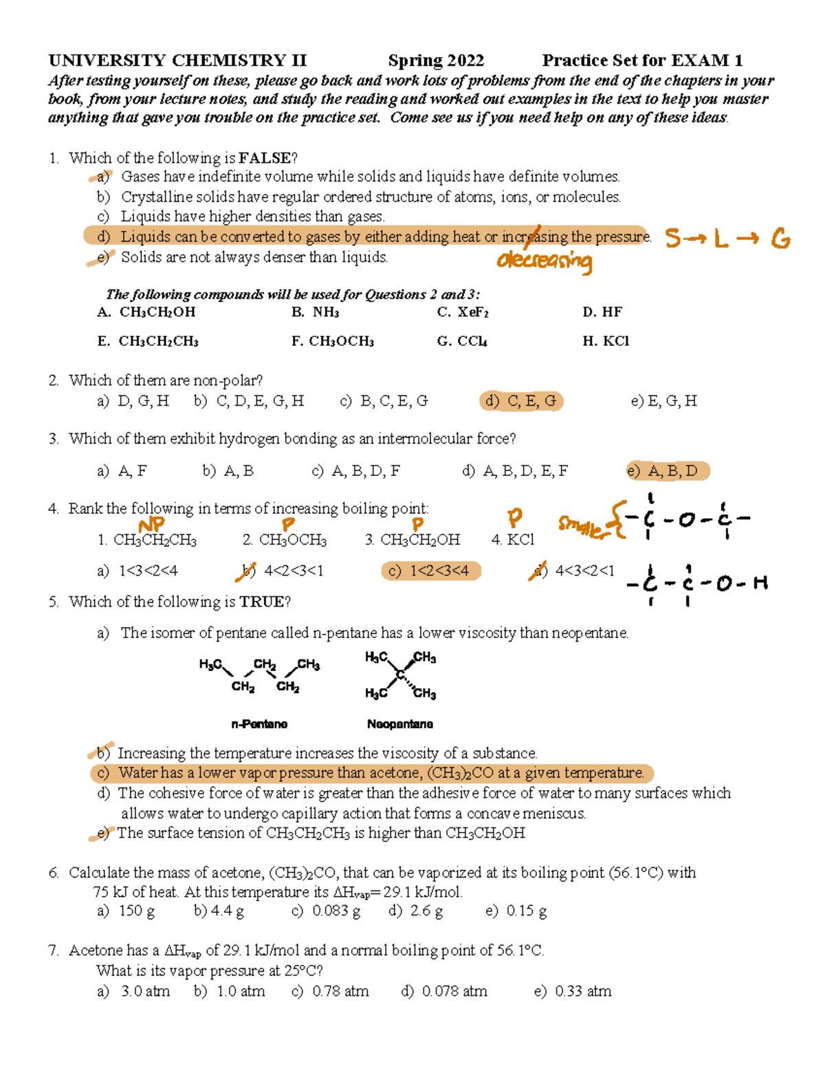 Practice material for Exam 1 Spring 2022 to post - UNIVERSITY CHEMISTRY ...