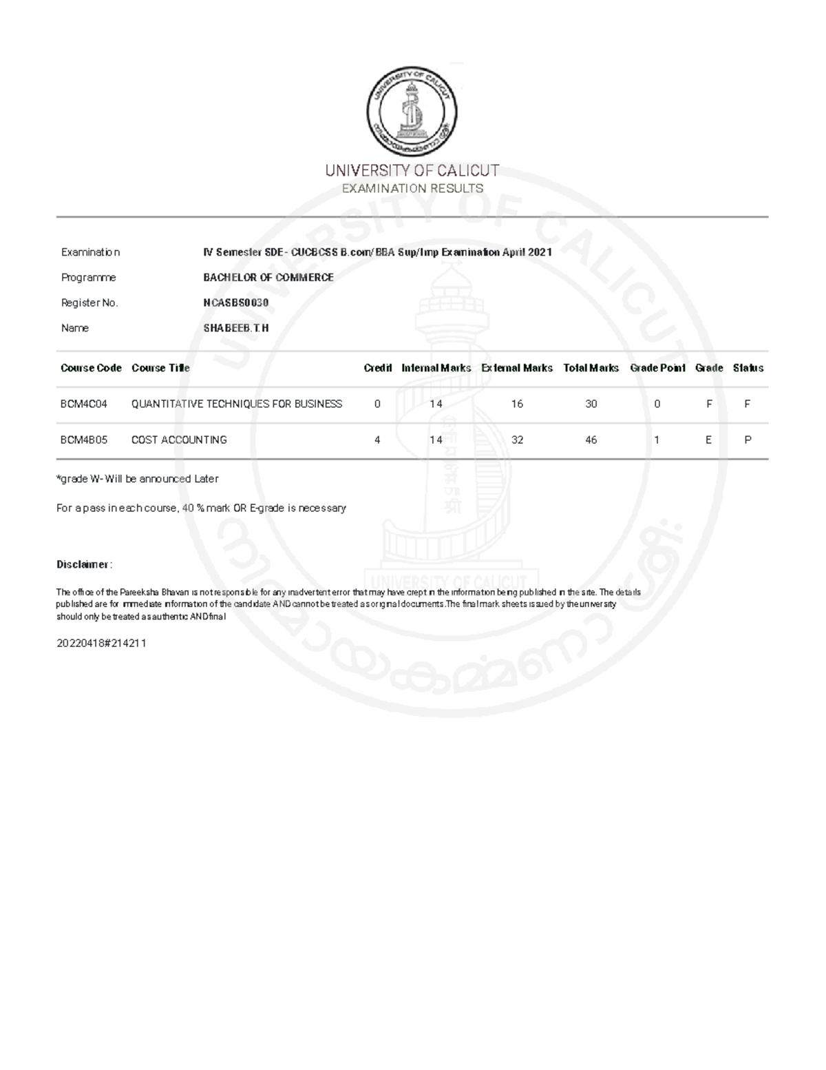 Qt Study material UNIVERSITY OF CALICUT EXAMINATION RESULTS