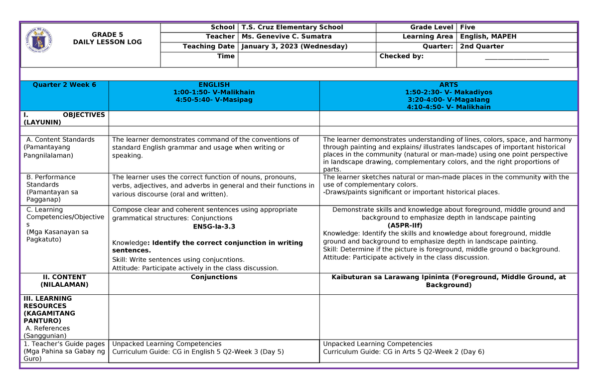 DLL Quarter 2- WEEK 6 - DLL in English 5 - GRADE 5 DAILY LESSON LOG ...