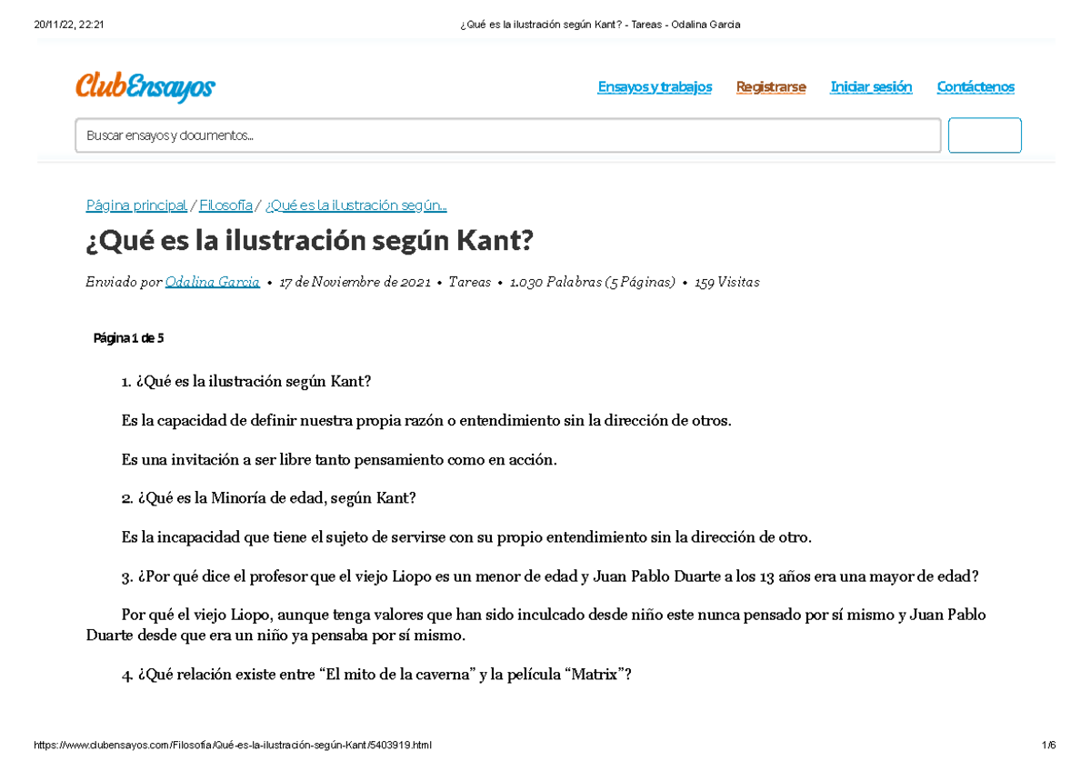 ¿Qué es la ilustración según Kant - Tareas - Odalina Garcia - Ensayos y
