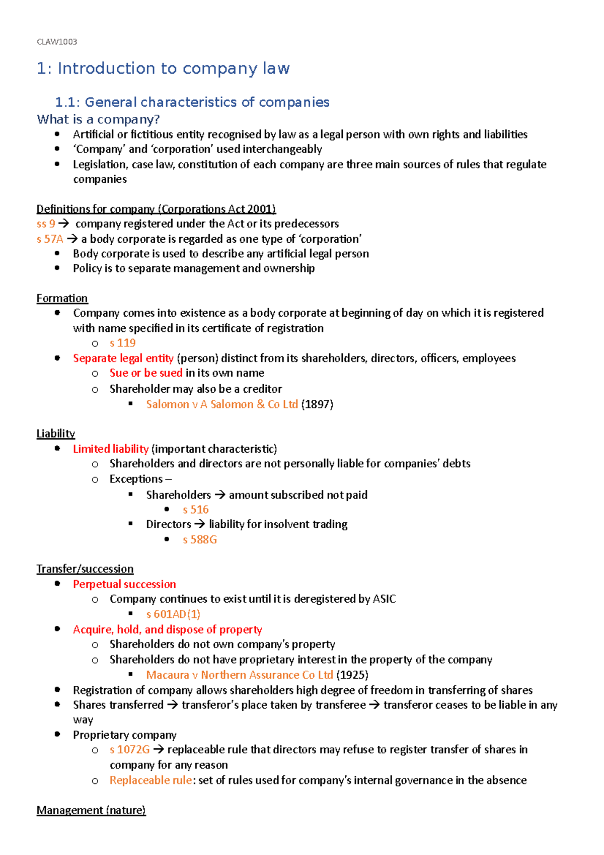 CLAW1003 - Lecture notes - 1: Introduction to company law 1: General ...