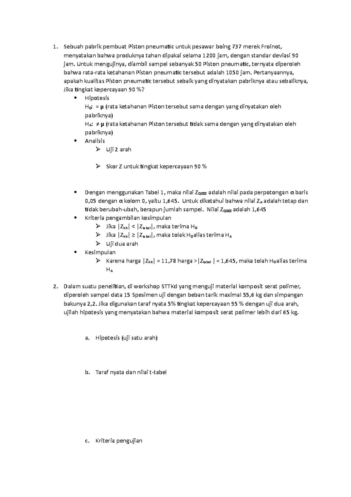 Proba distribusi T dan Z Sebuah pabrik pembuat Piston pneumatic untuk