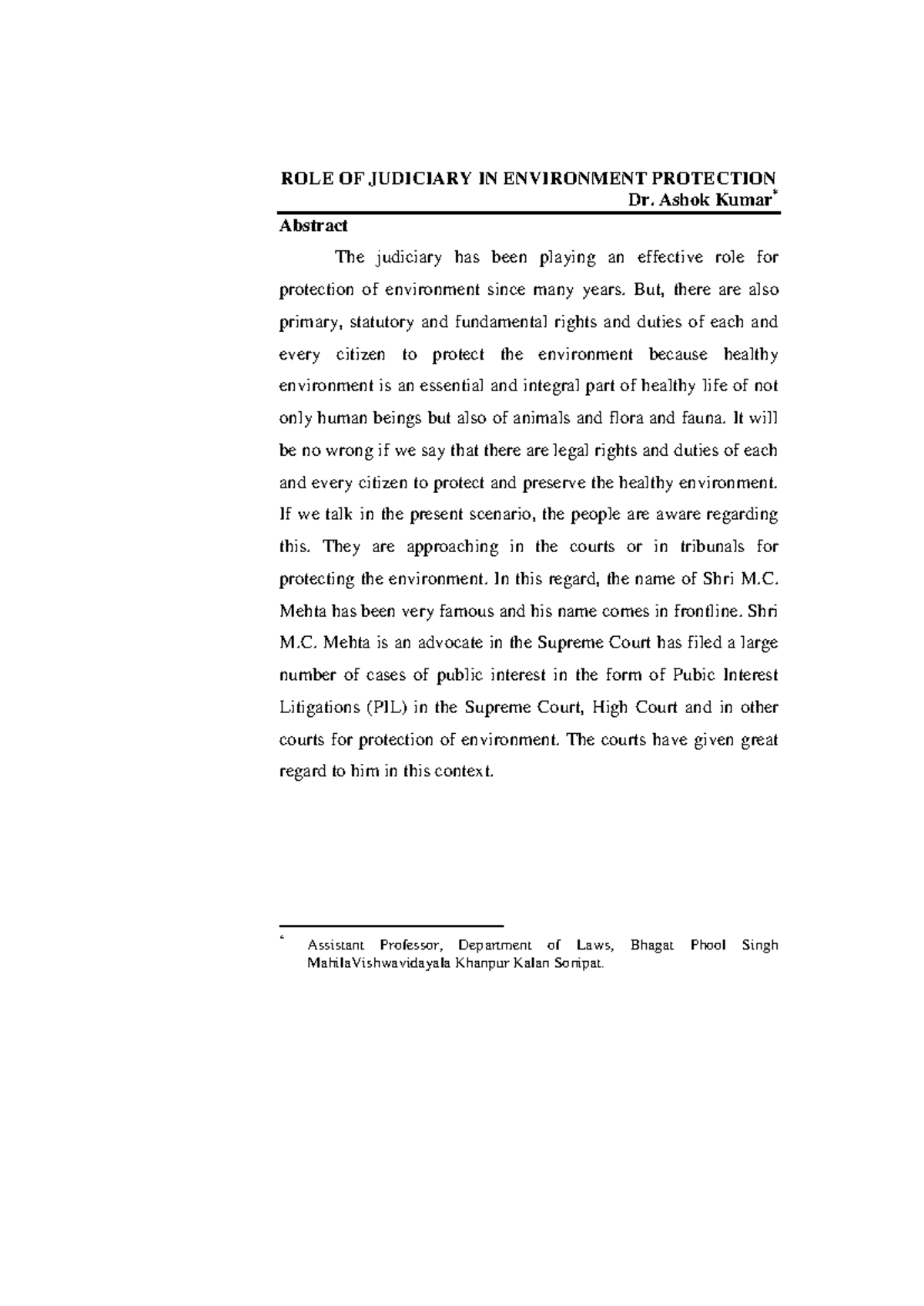 Environmental Impact - ROLE OF JUDICIARY IN ENVIRONMENT PROTECTION Dr ...