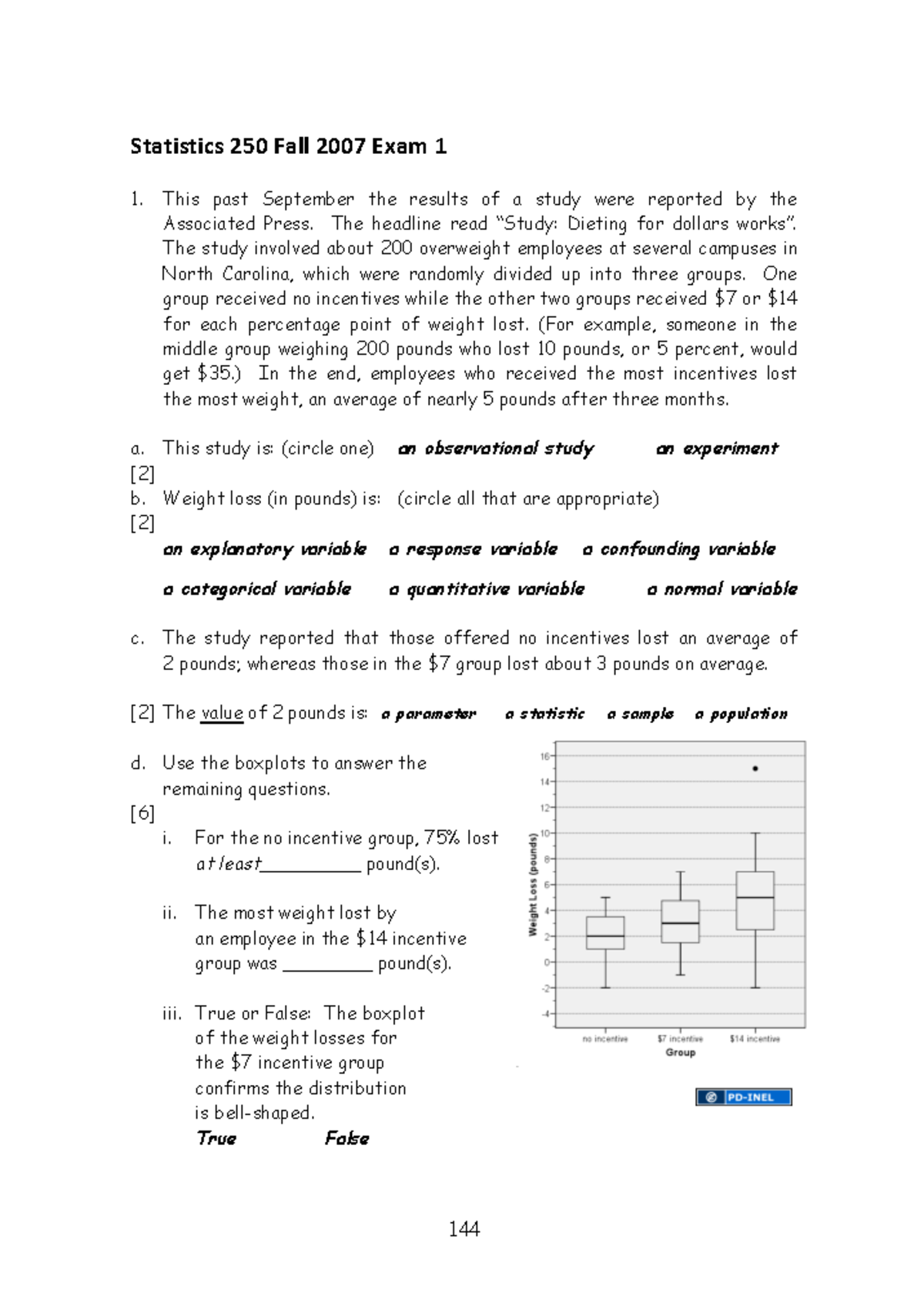 Fall 2007 Exam - Fall 2007 Exam - Statistics!250!Fall!2007!Exam!1! This ...