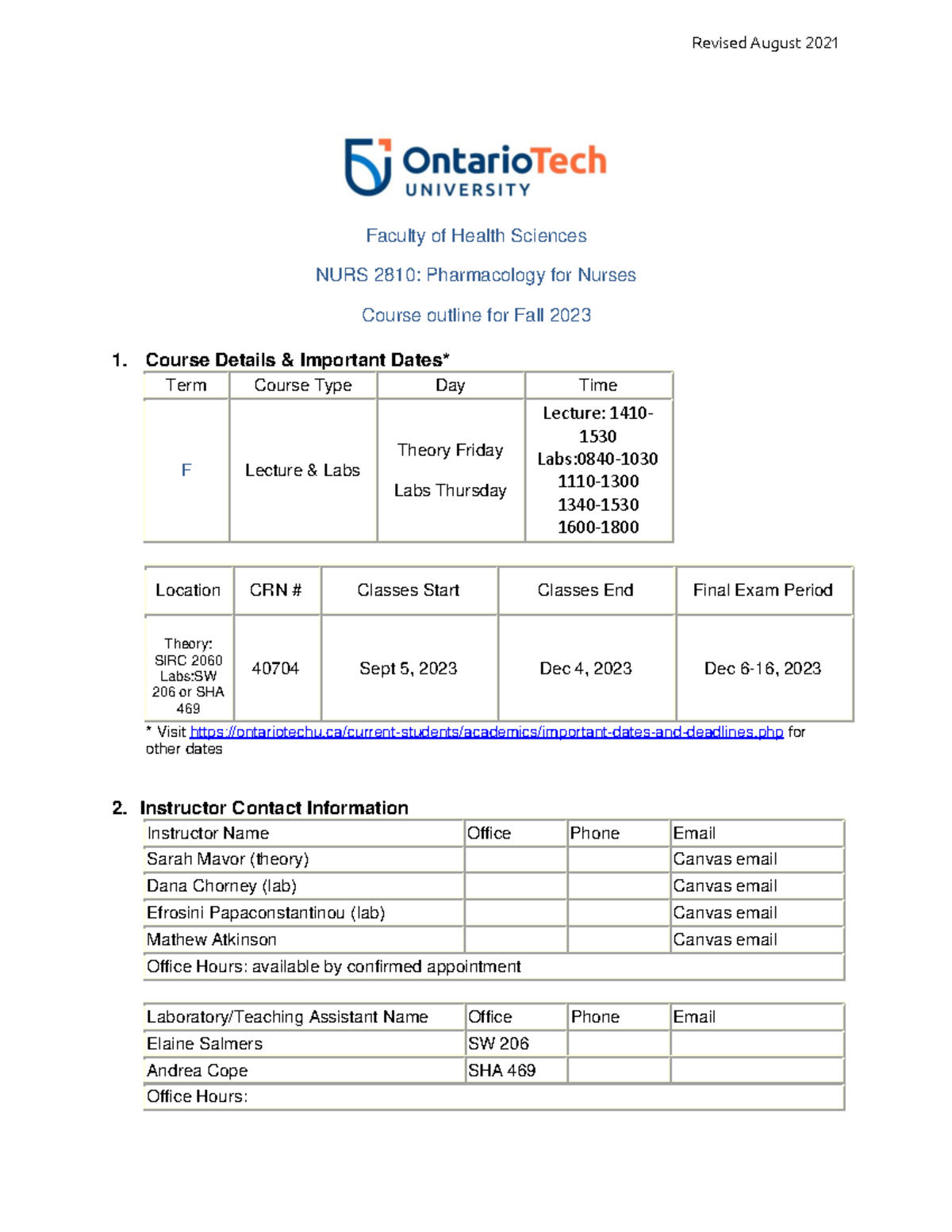 NURS 2810 Course Outline Fall 2023 - Faculty Of Health Sciences NURS ...