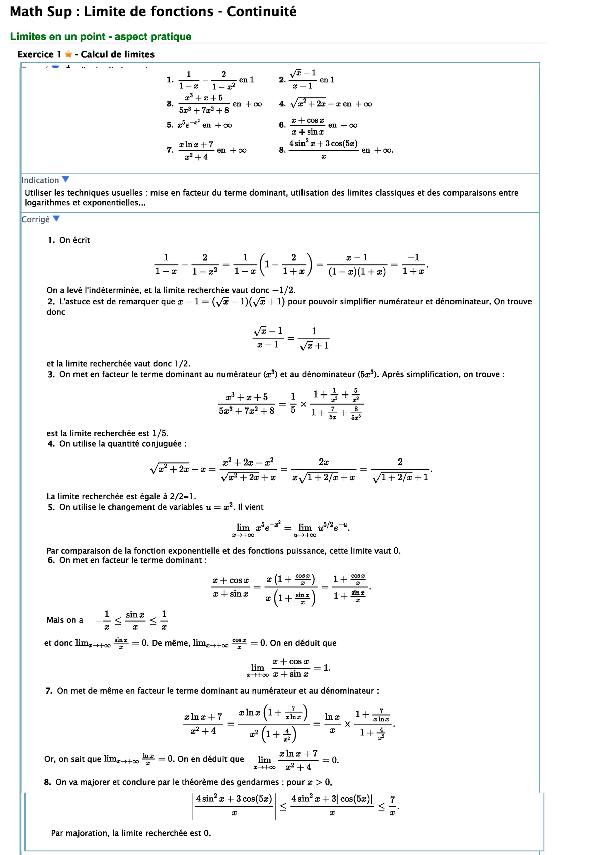 Exercices Limite De Fonctions Et Continuité Bibmath - Mathematique ...