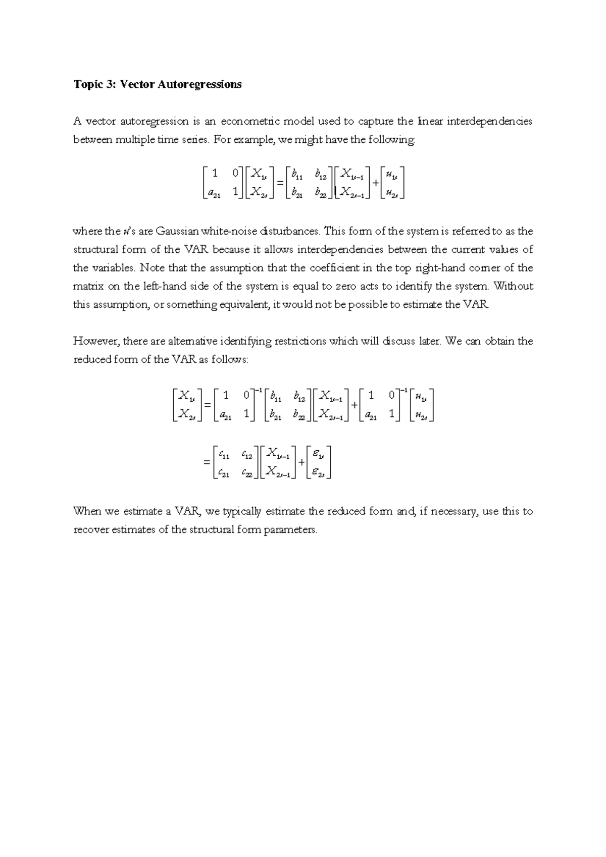 Topic 4 Vector Autoregressions - Topic 3: Vector Autoregressions A ...