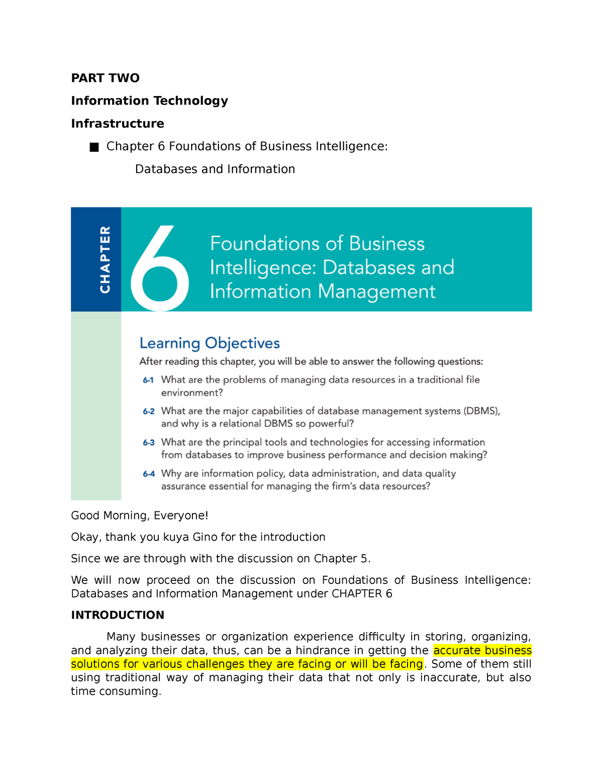 Management And Information System - PART TWO Information Technology ...