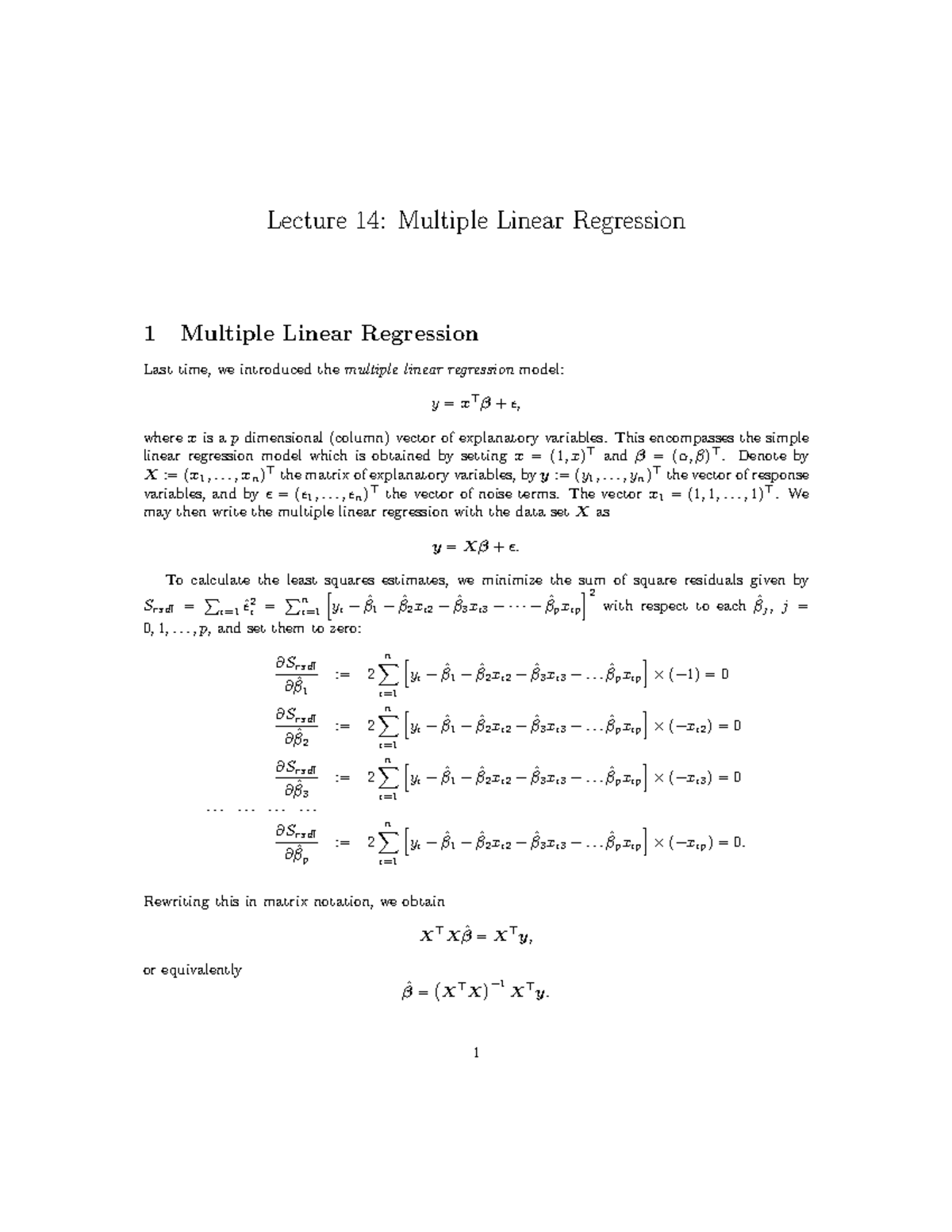 Lecture 14 - Lecture 14: Multiple Linear Regression 1 Multiple Linear ...