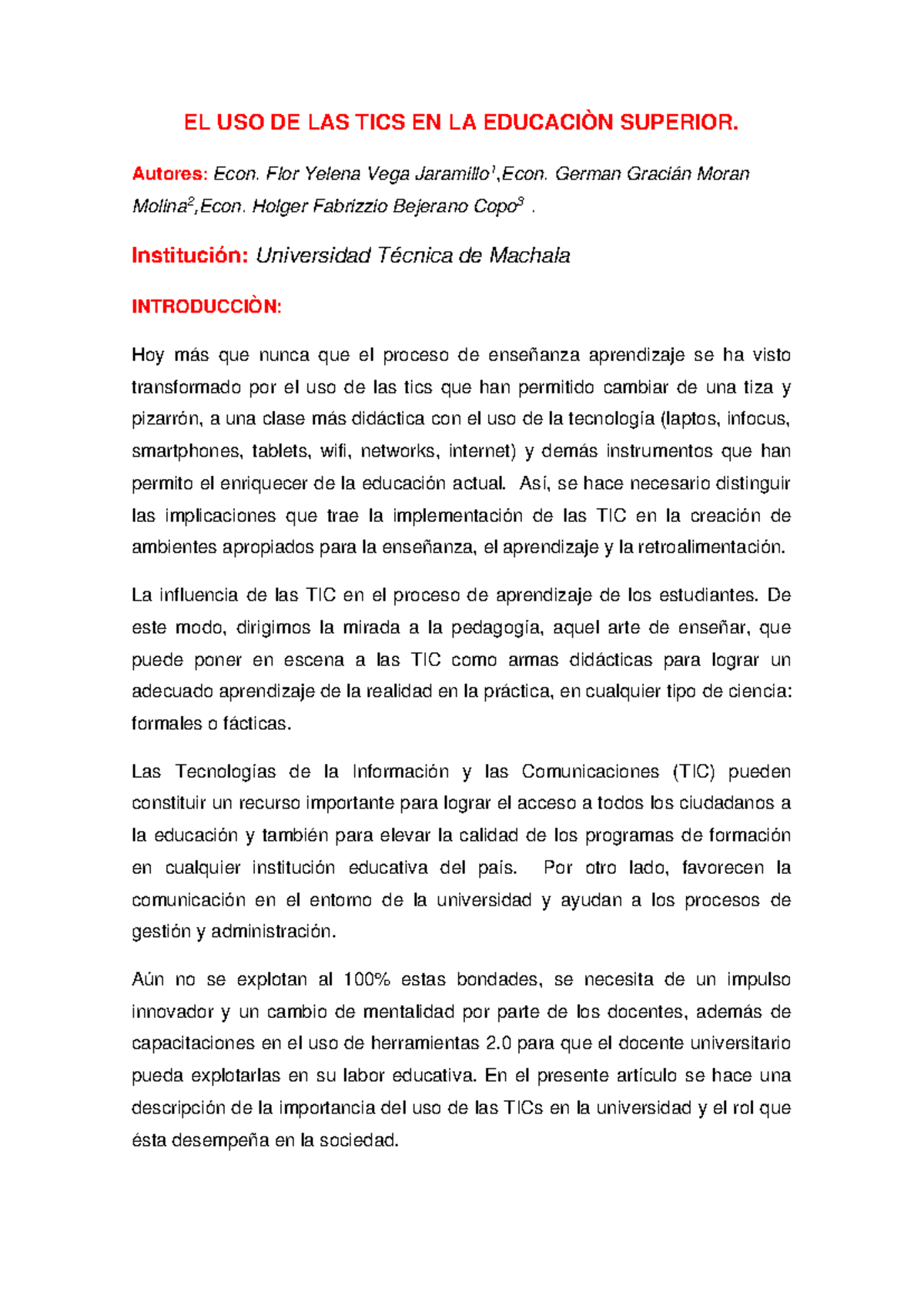 TICS EN Educacion Superior - EL USO DE LAS TICS EN LA EDUCACIÒN ...