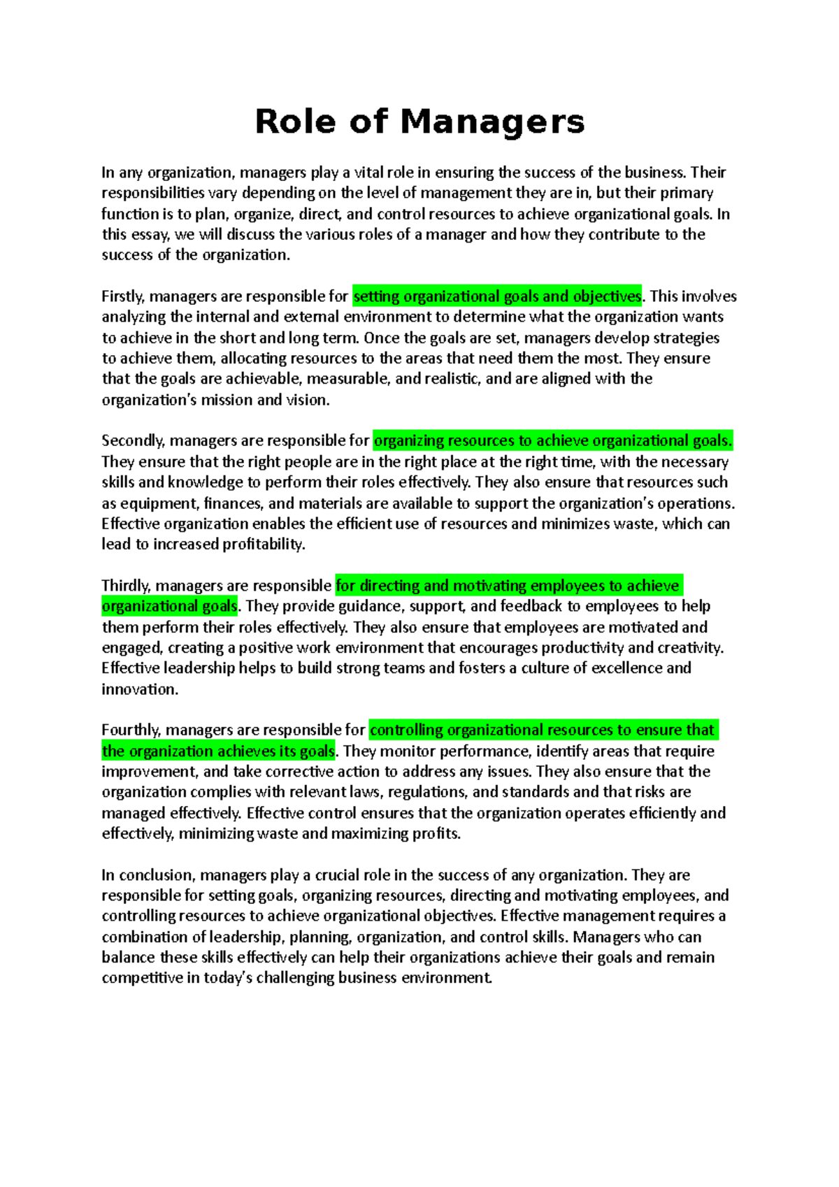 Role of Managers theory for the role of a manager Role of Managers