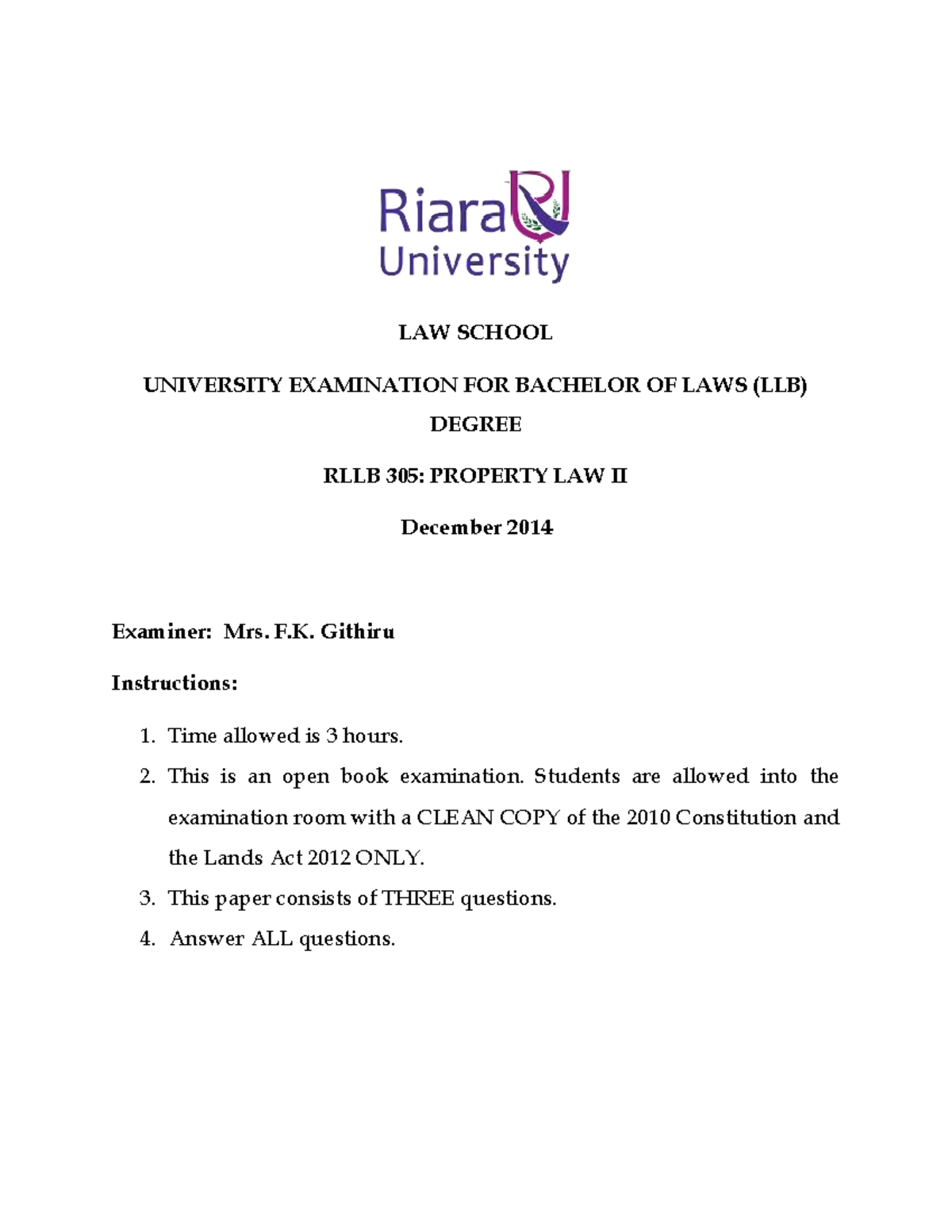 Property Law exam 2018 - LAW SCHOOL UNIVERSITY EXAMINATION FOR BACHELOR ...