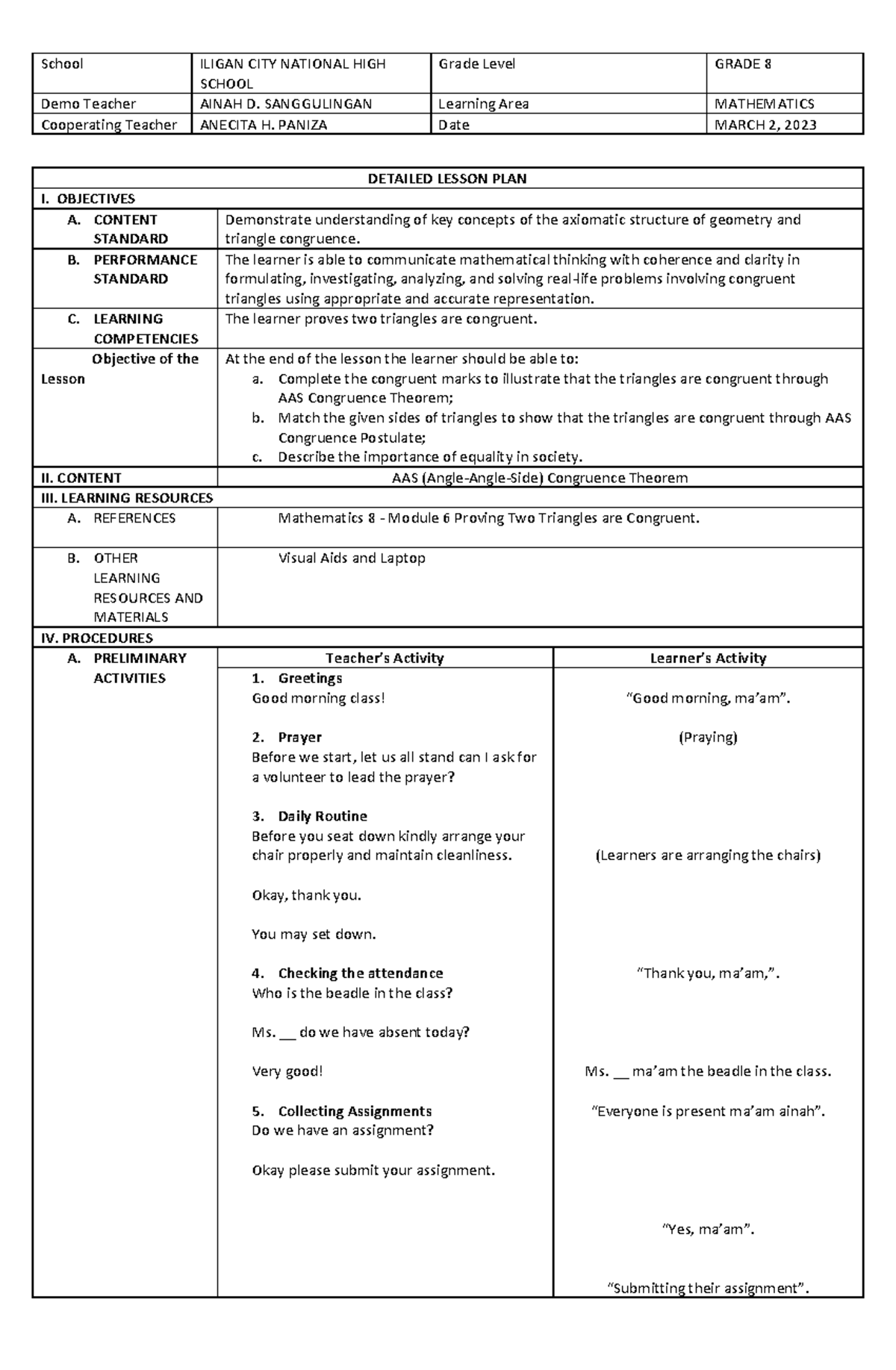 2 AAS Theorem DLP - MATH - School ILIGAN CITY NATIONAL HIGHSCHOOL Grade ...