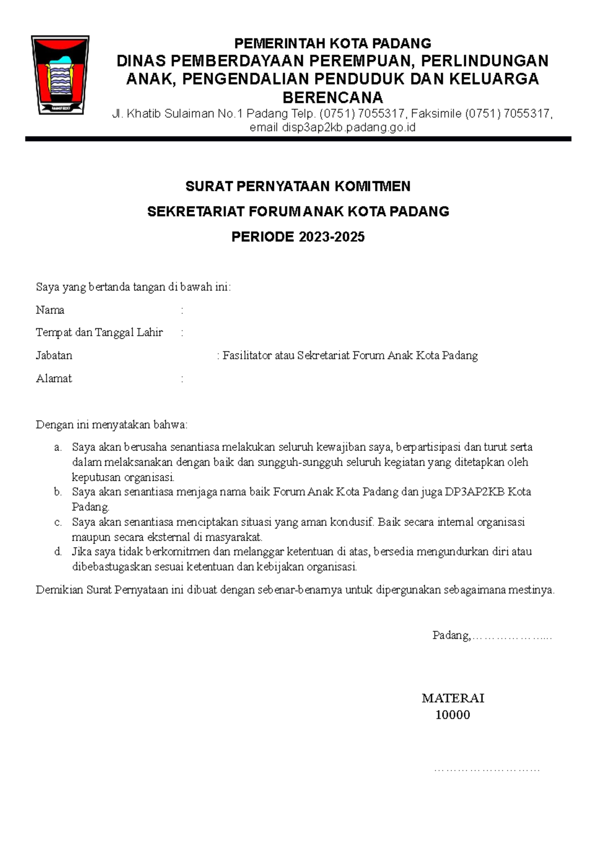 Surat Pernyataan Komitmen Forandang - PEMERINTAH KOTA PADANG DINAS