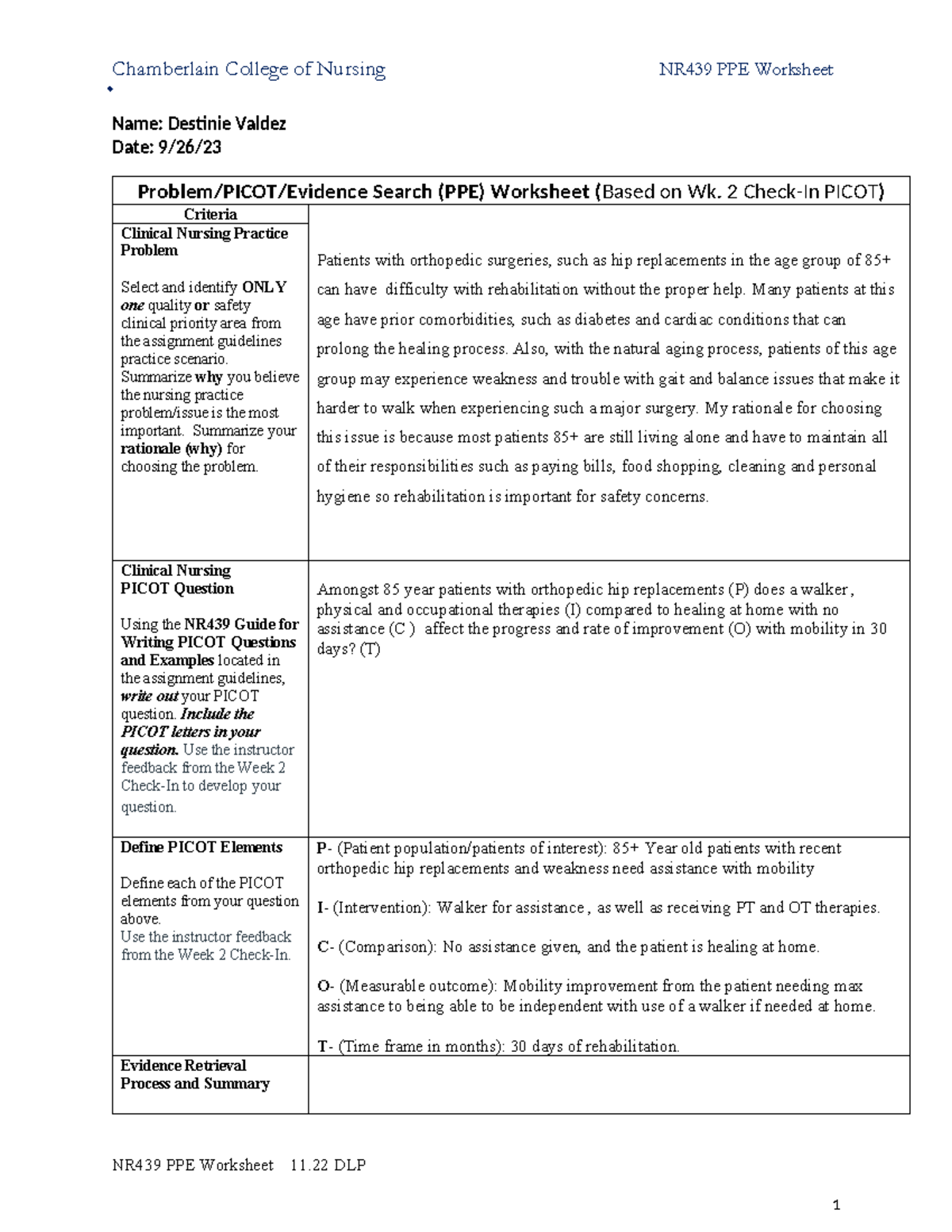 Picot+worksheet-Destinie’s - Chamberlain College of Nursing NR439 PPE ...